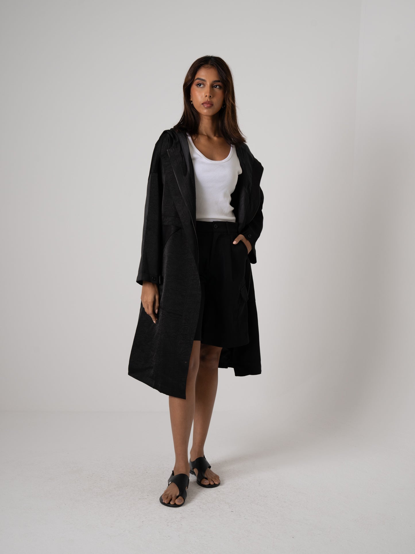 Silk Hooded Mid-length Jacket