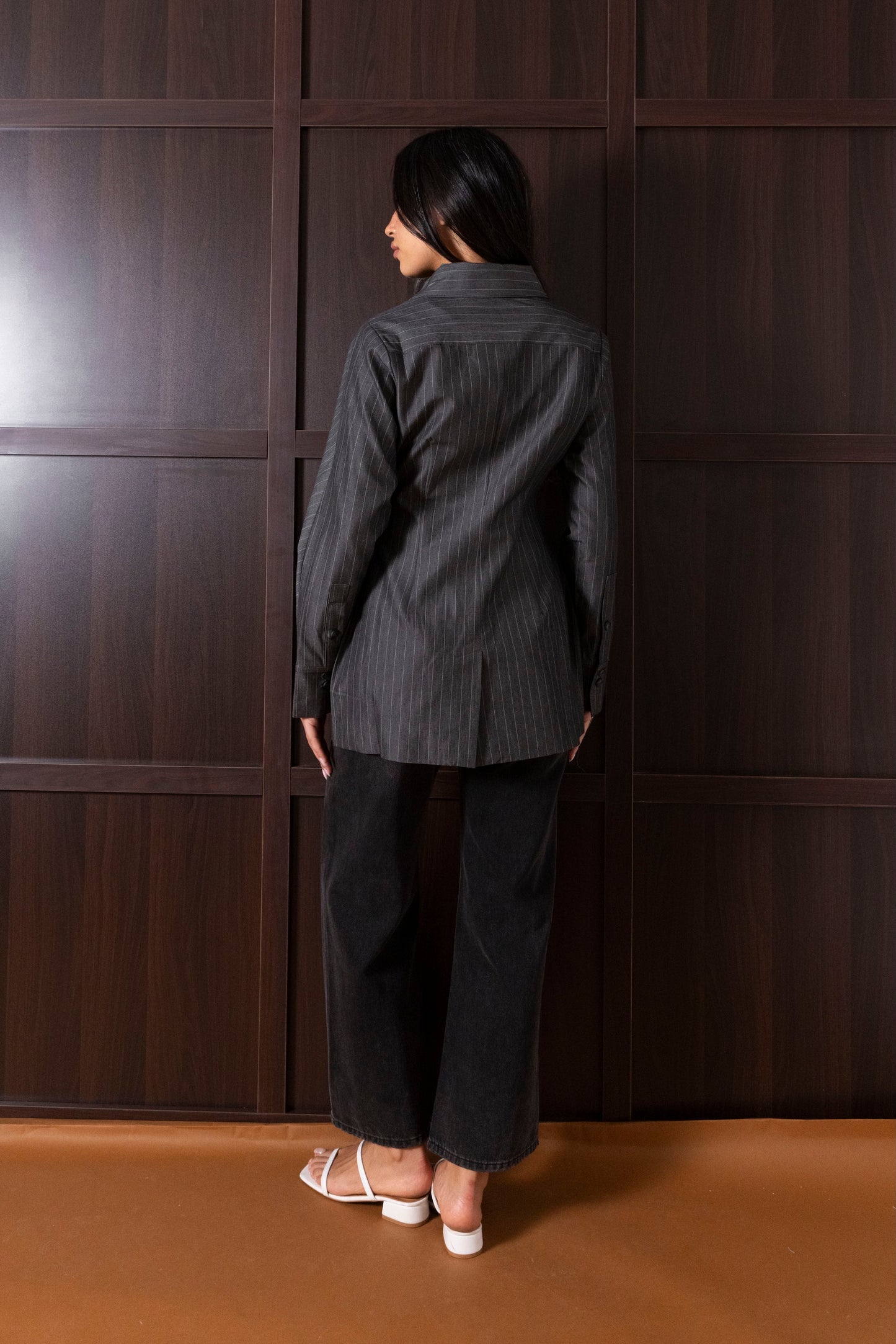Collared Waisted Striped Jackets (Grey & Beige)