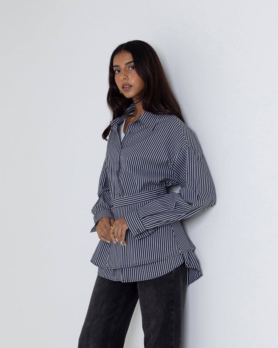 Belted Striped Button-Up Shirt