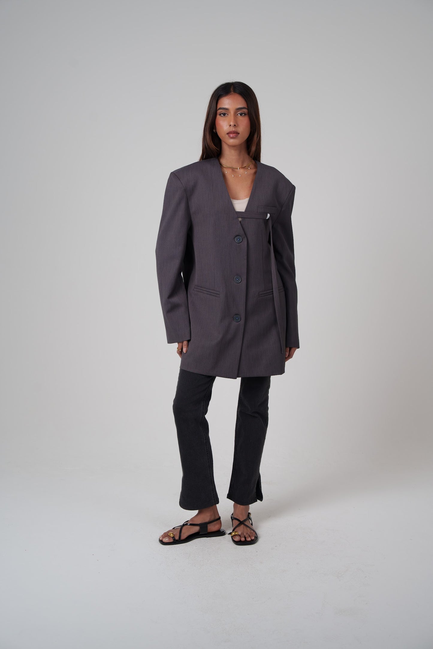 Grey Non-Collared Modern Blazer with Rope