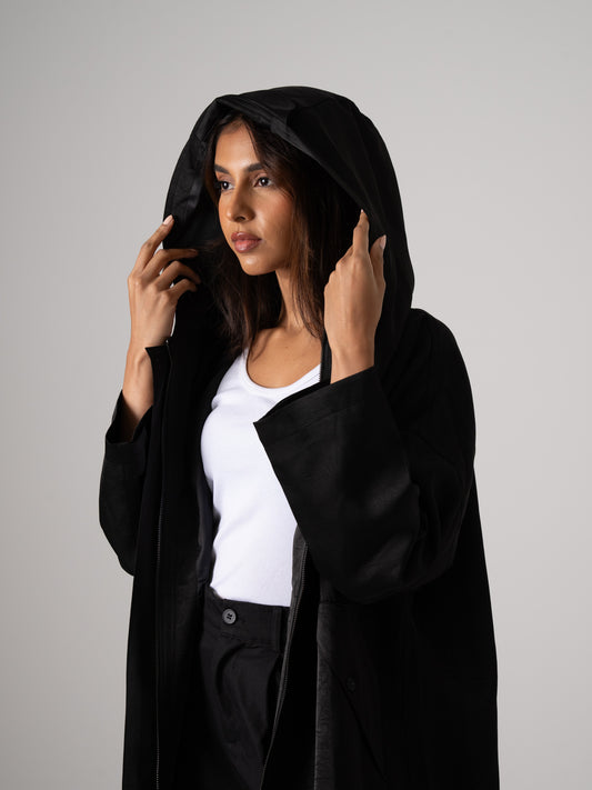 Silk Hooded Mid-length Jacket