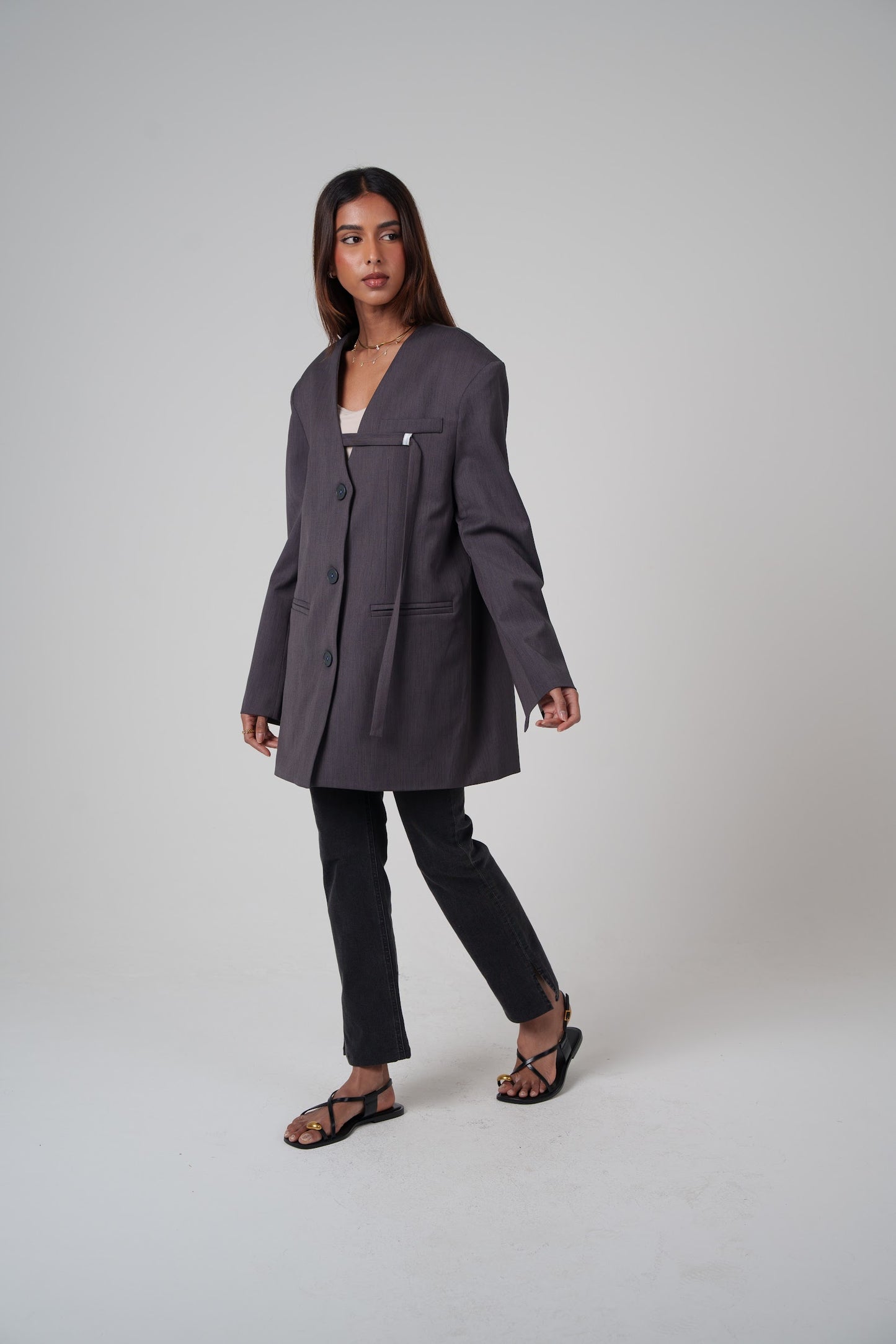 Grey Non-Collared Modern Blazer with Rope