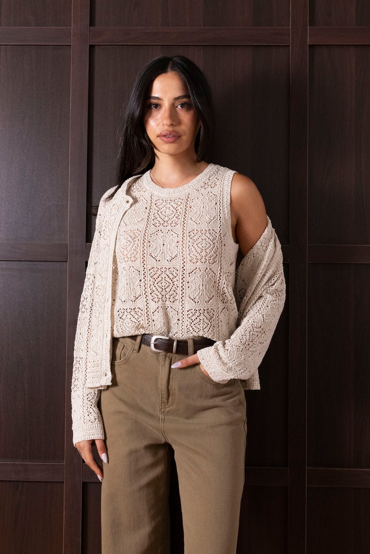 Beige Crochet Top Set (Top & Cardigan)