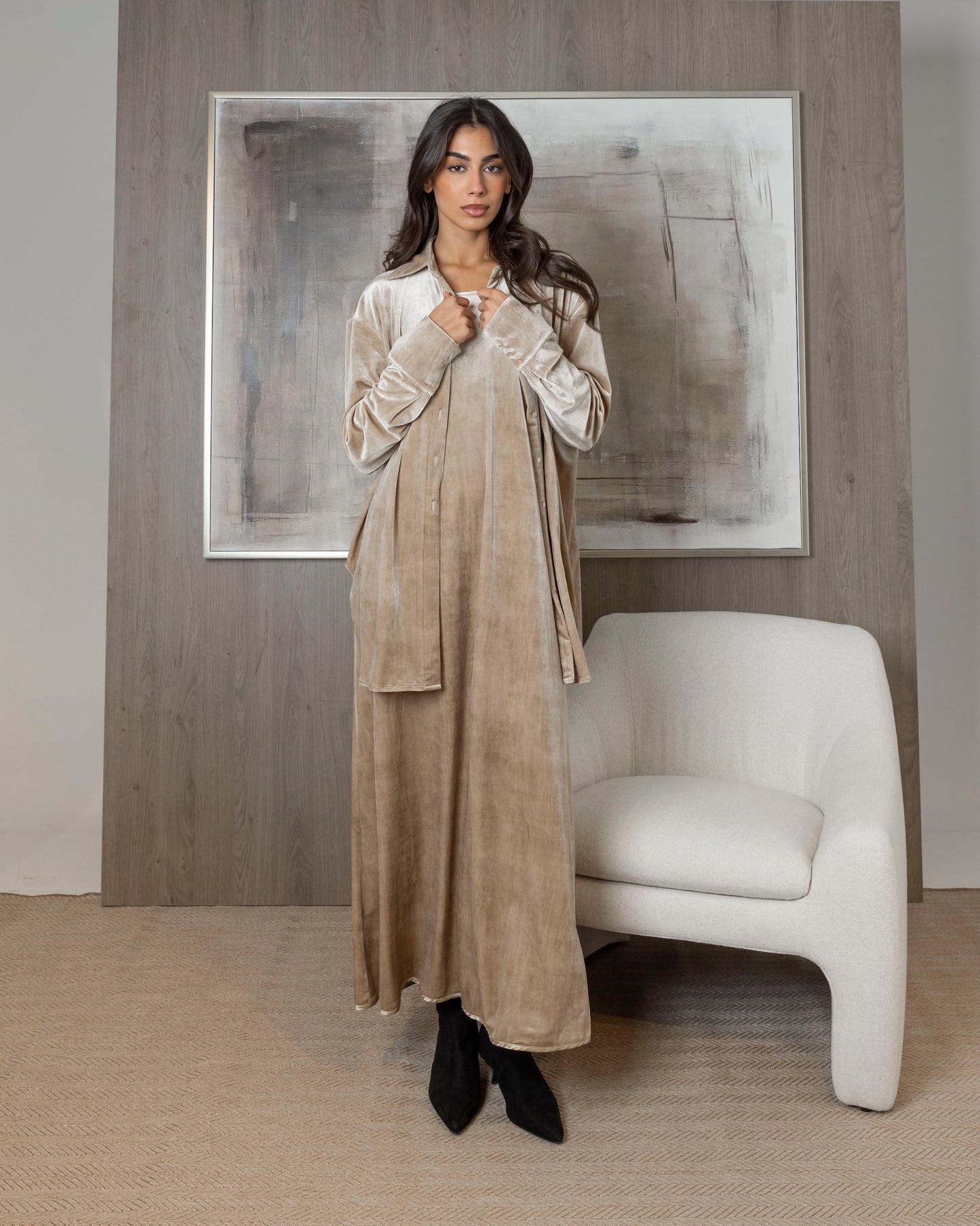 Beige Velvet Shirt & Dress Set