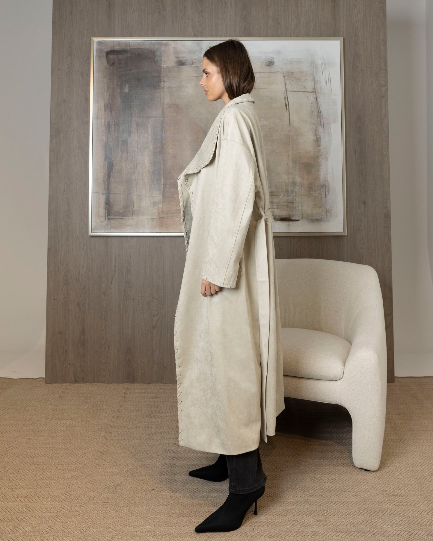 Light Grey Suede Coat with Trimmed Stitching