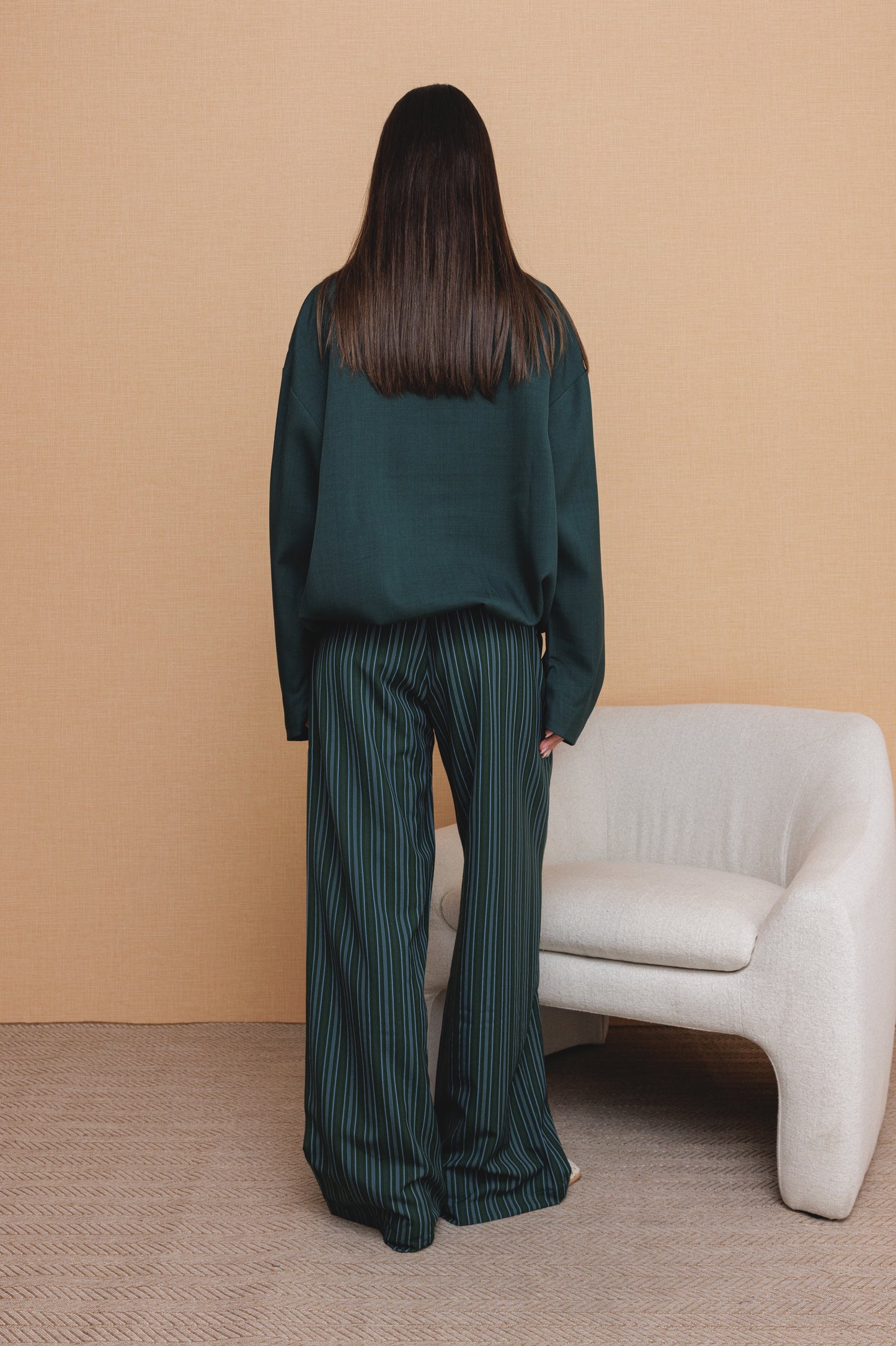 Green Striped Pants with Plain Jacket Set