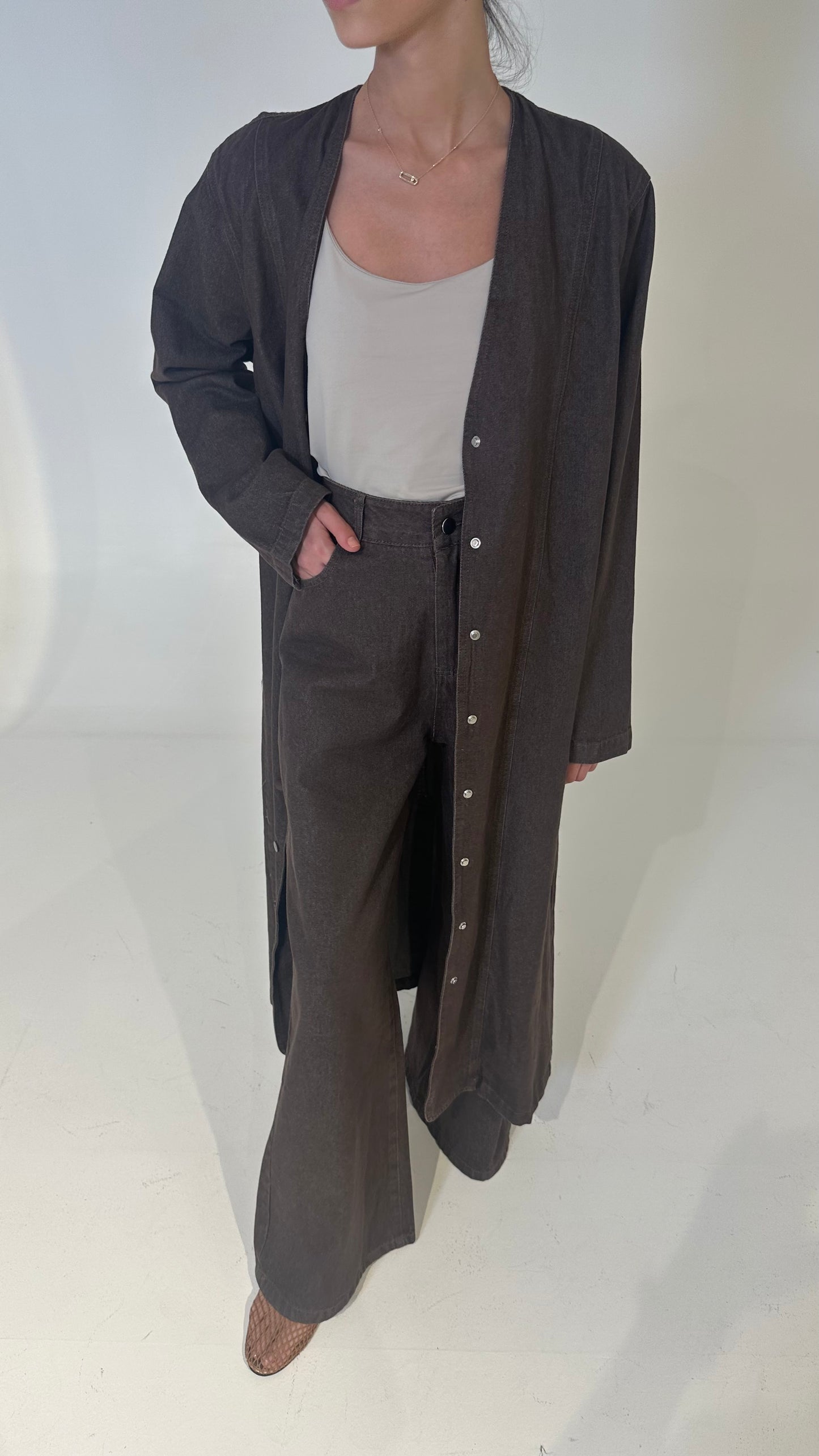 Denim Long Jacket & Pants Set in Maroon