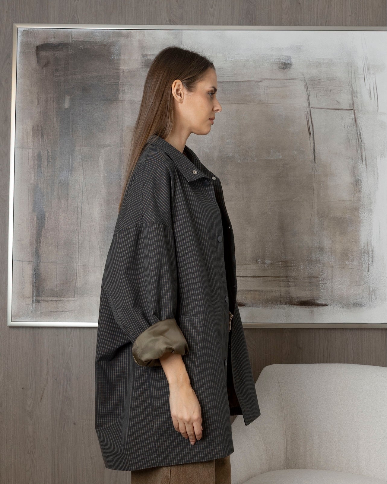 Oversized Plaid Jacket with Khaki Lining