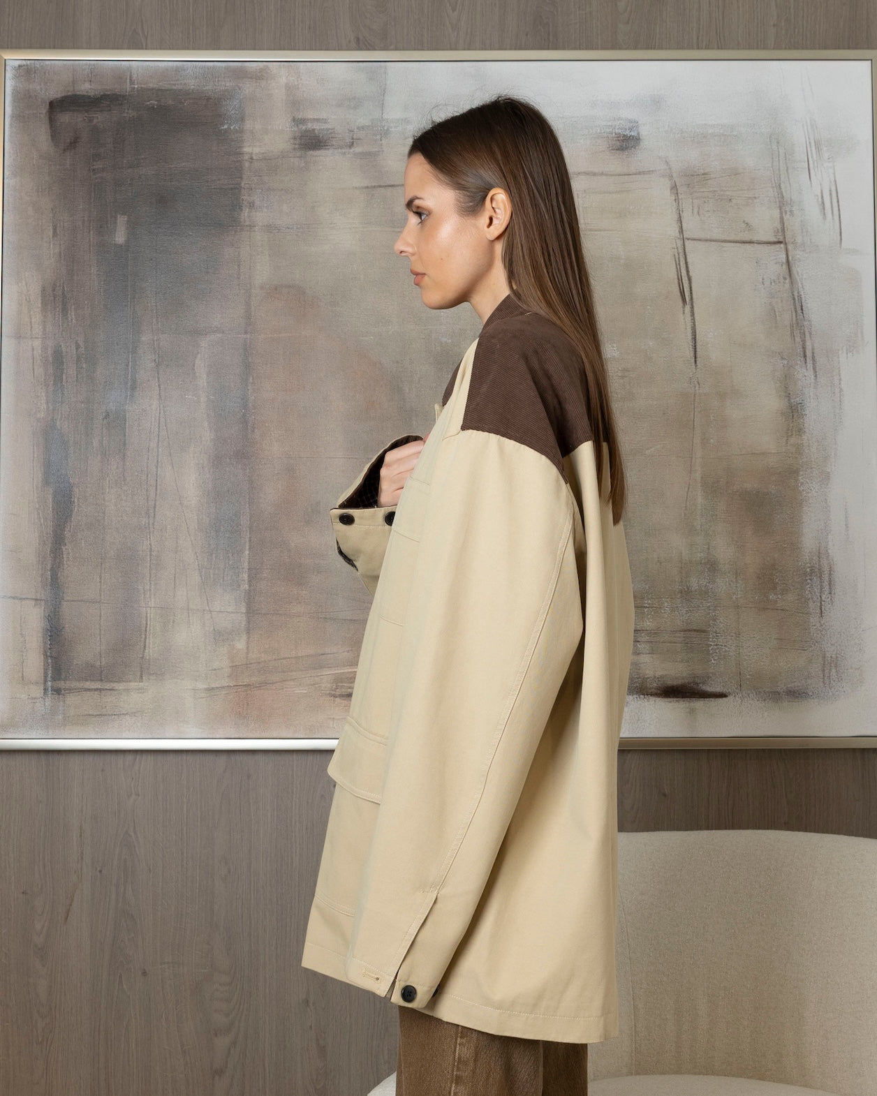 Beige Jacket with Brown Corduroy Details