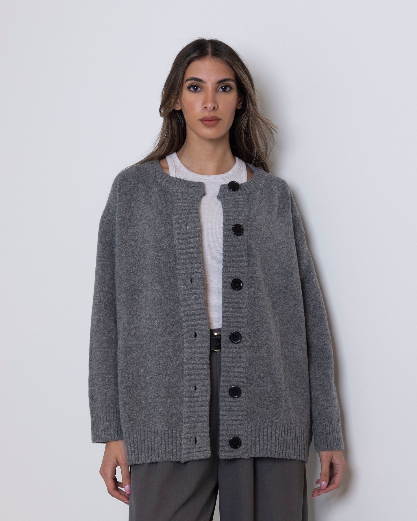 Grey Knit Jacket with Black Buttons