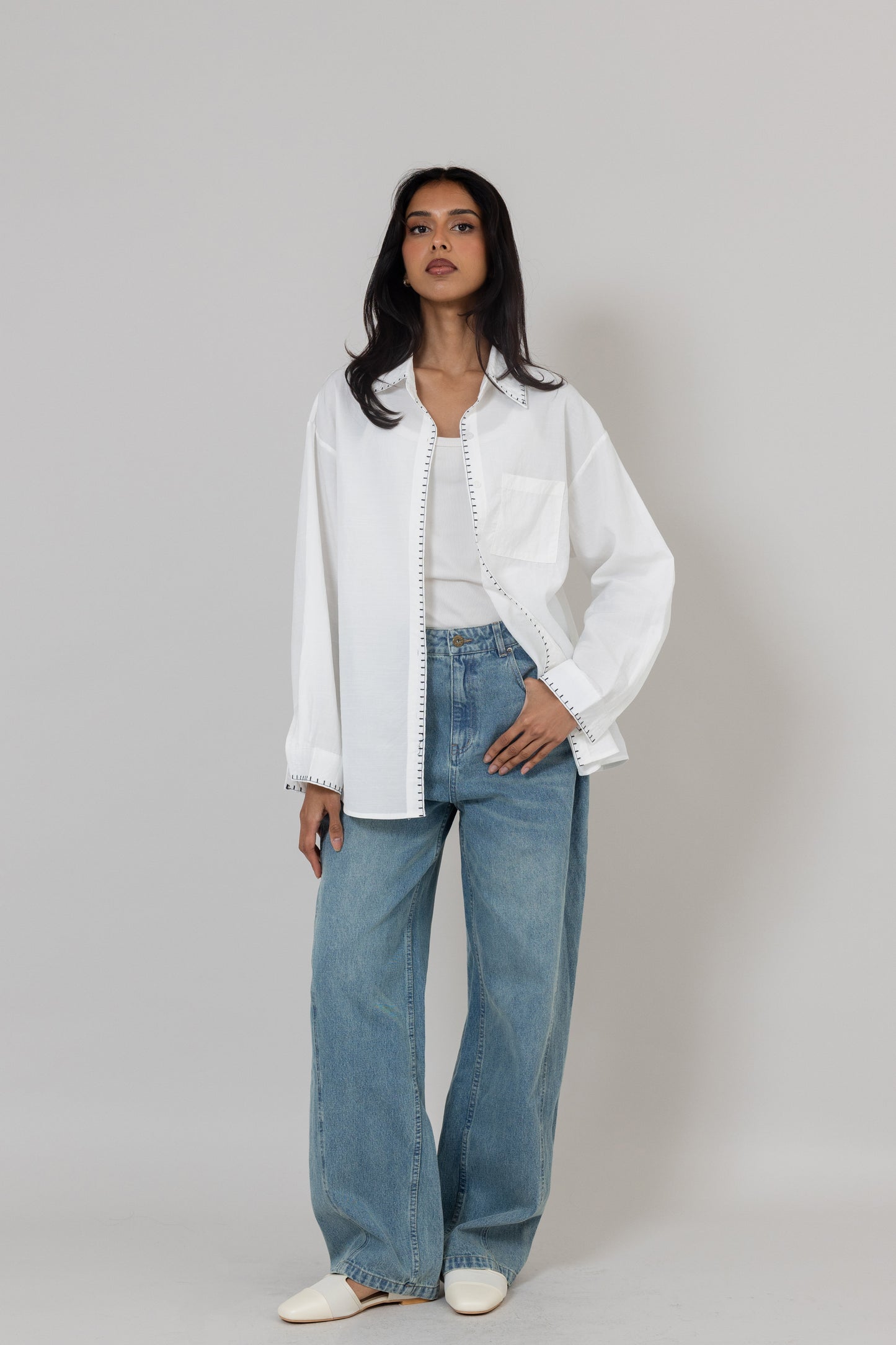 White Light Shirt with Black Stitching