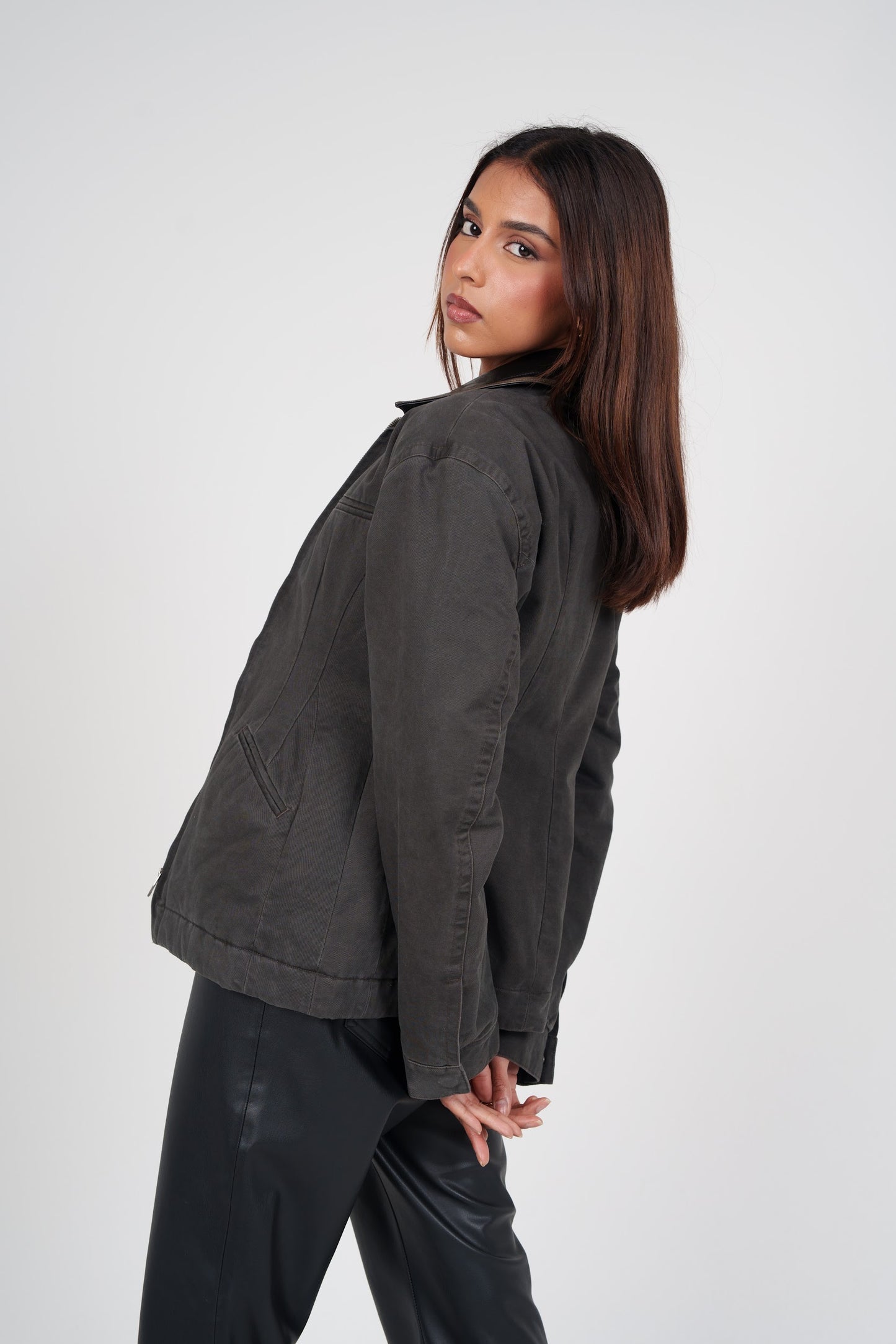 Double Zipper Cinched Denim Jacket
