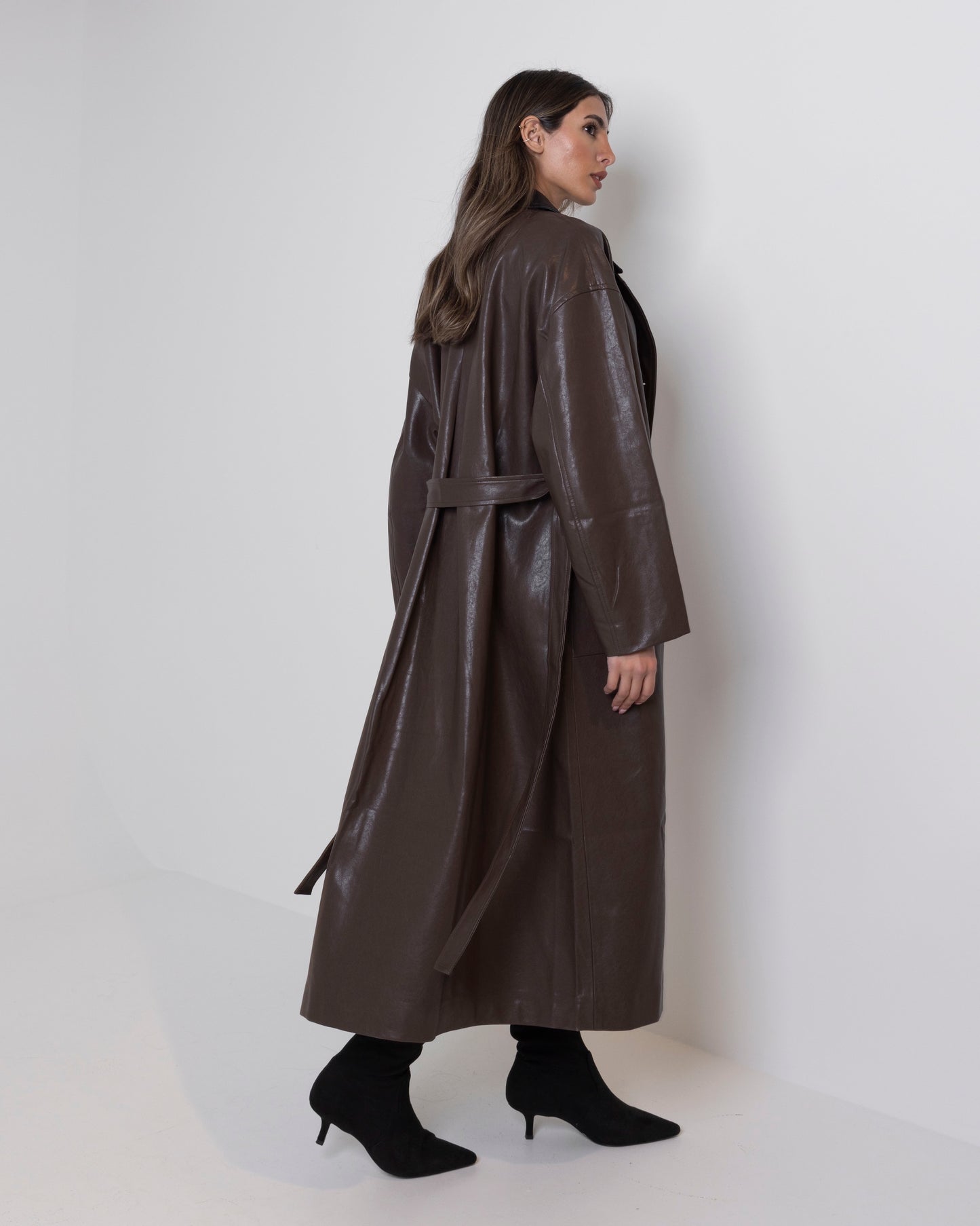 Brown Leather Trench with Black Collar