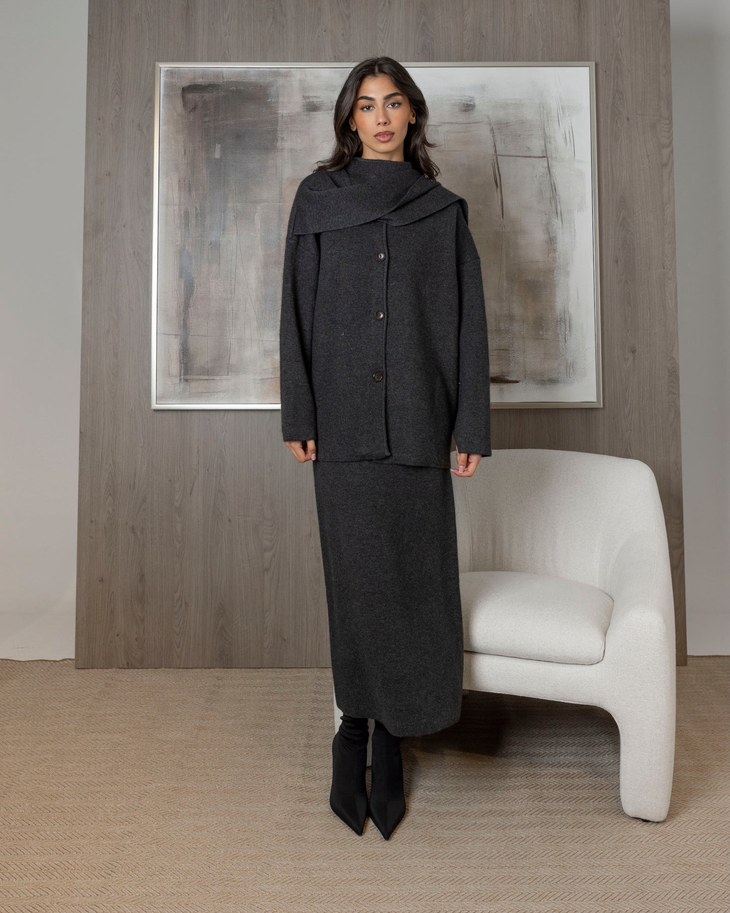 Knit Set Skirt & Cardigan with Scarf Attached