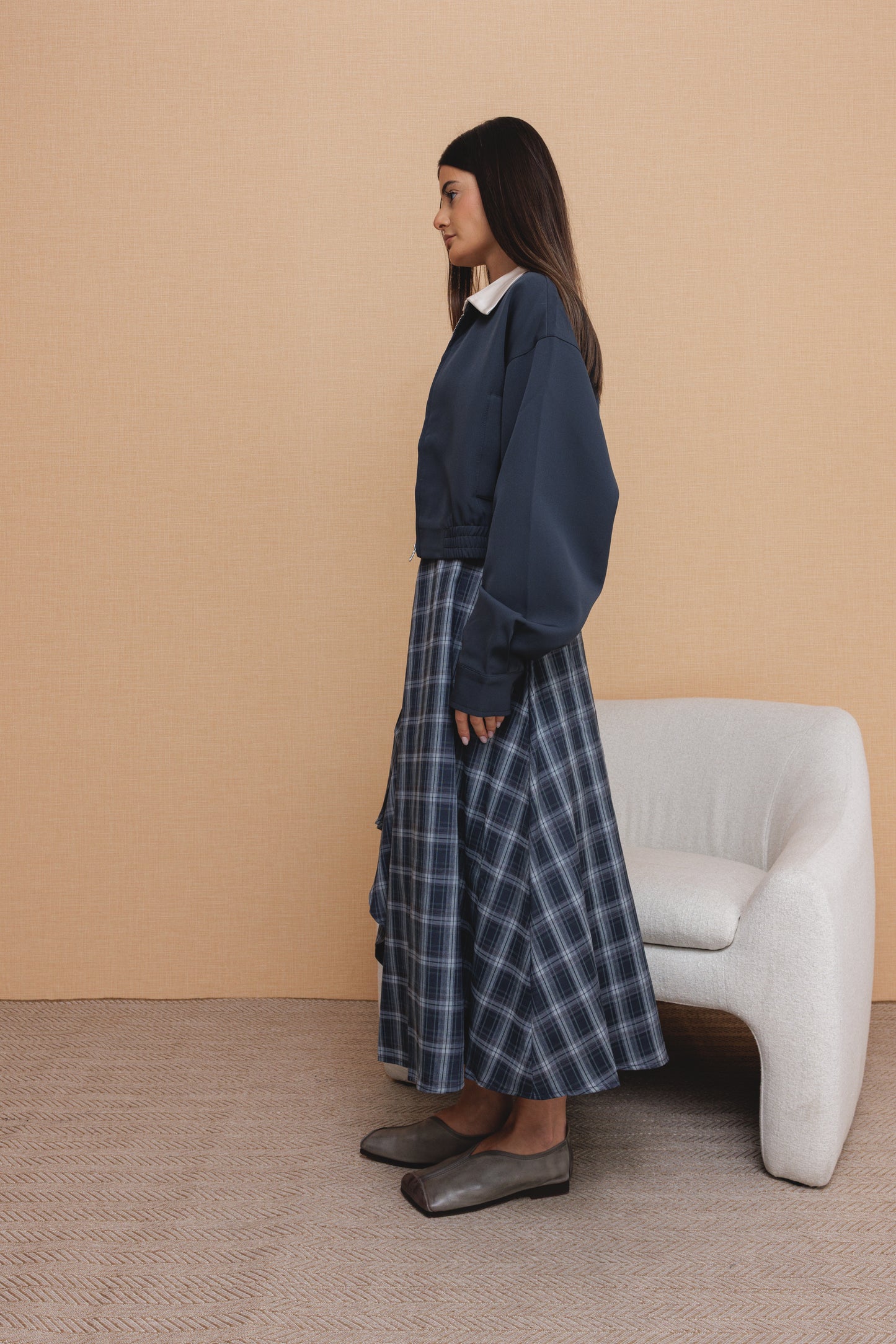 Checked Skirt Navy& Grey with Navy Bomber - Set