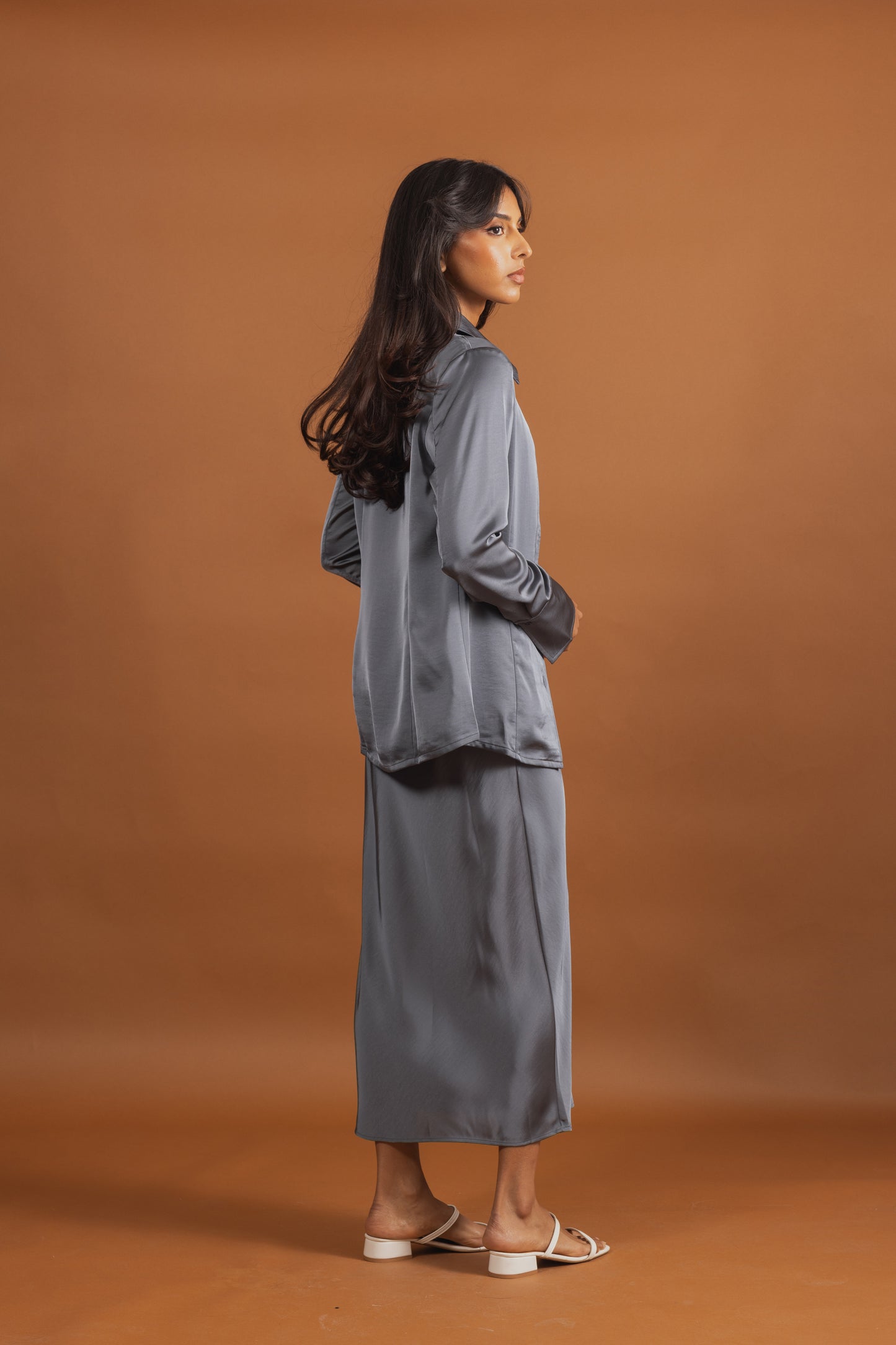 Silk Skirt & Shirt Set in Dusty Blue