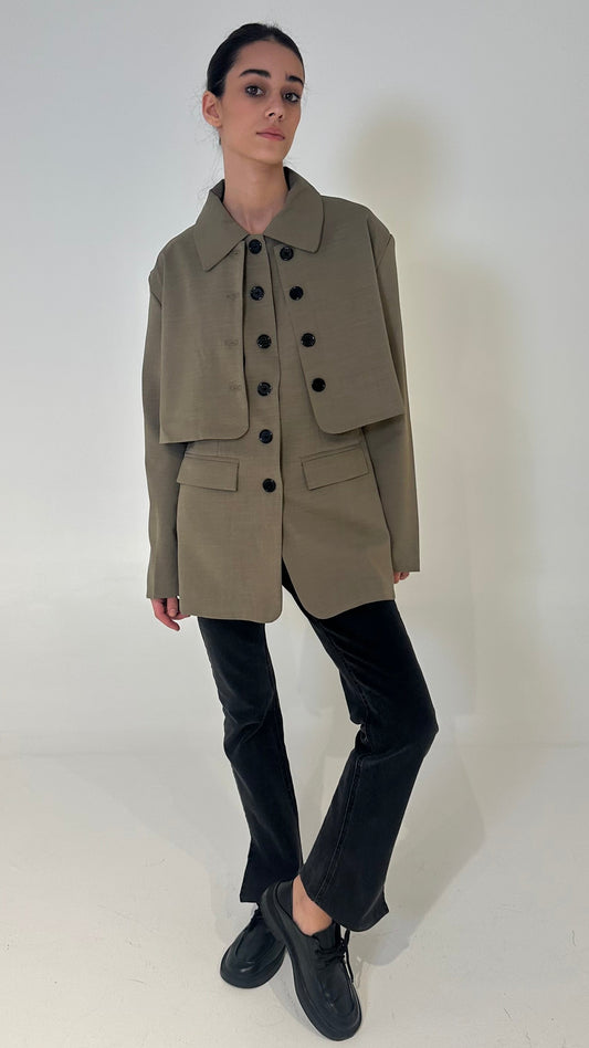 Layered Buttoned Blazer in Dark Beige