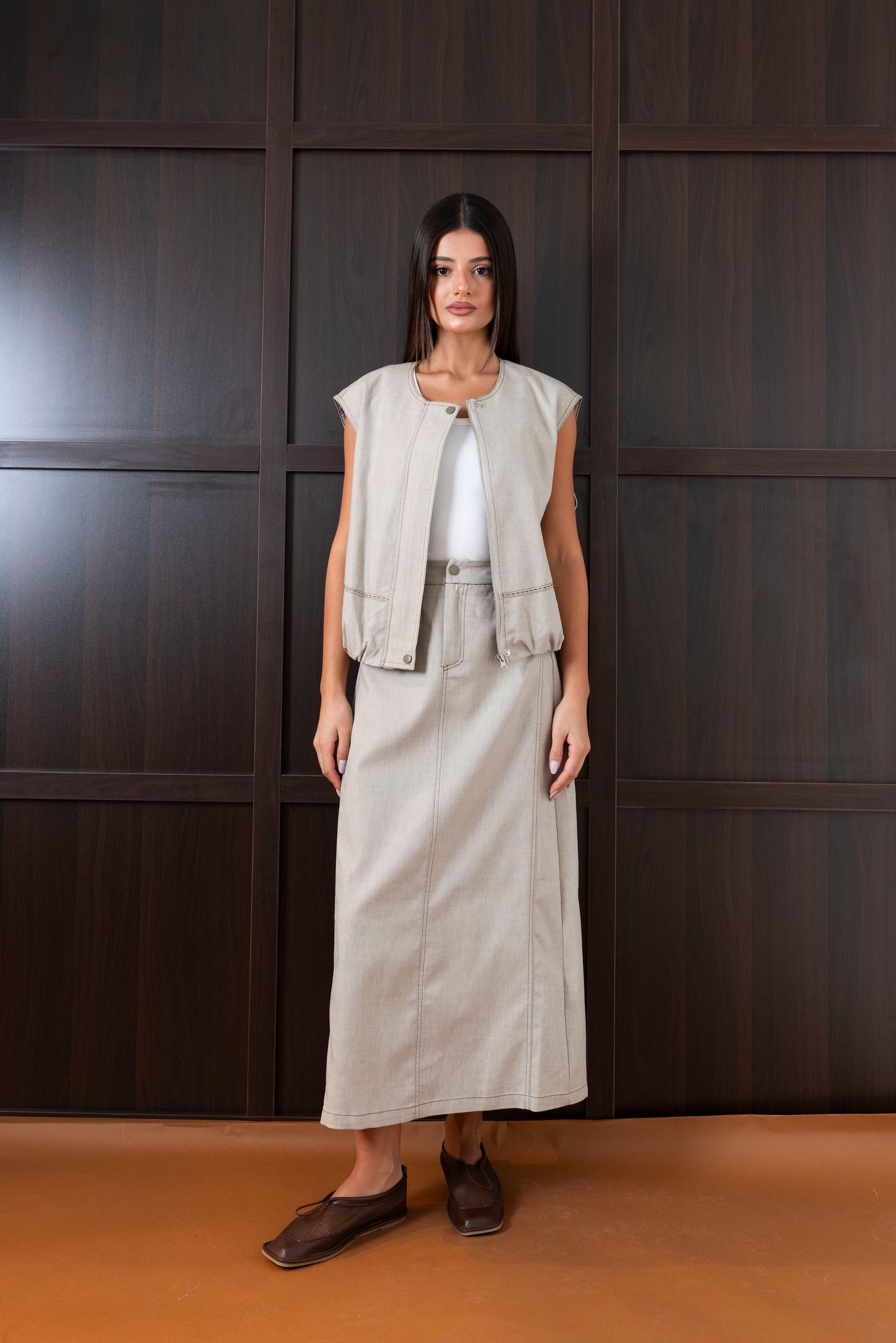 Skirt & Vest Set in Khaki