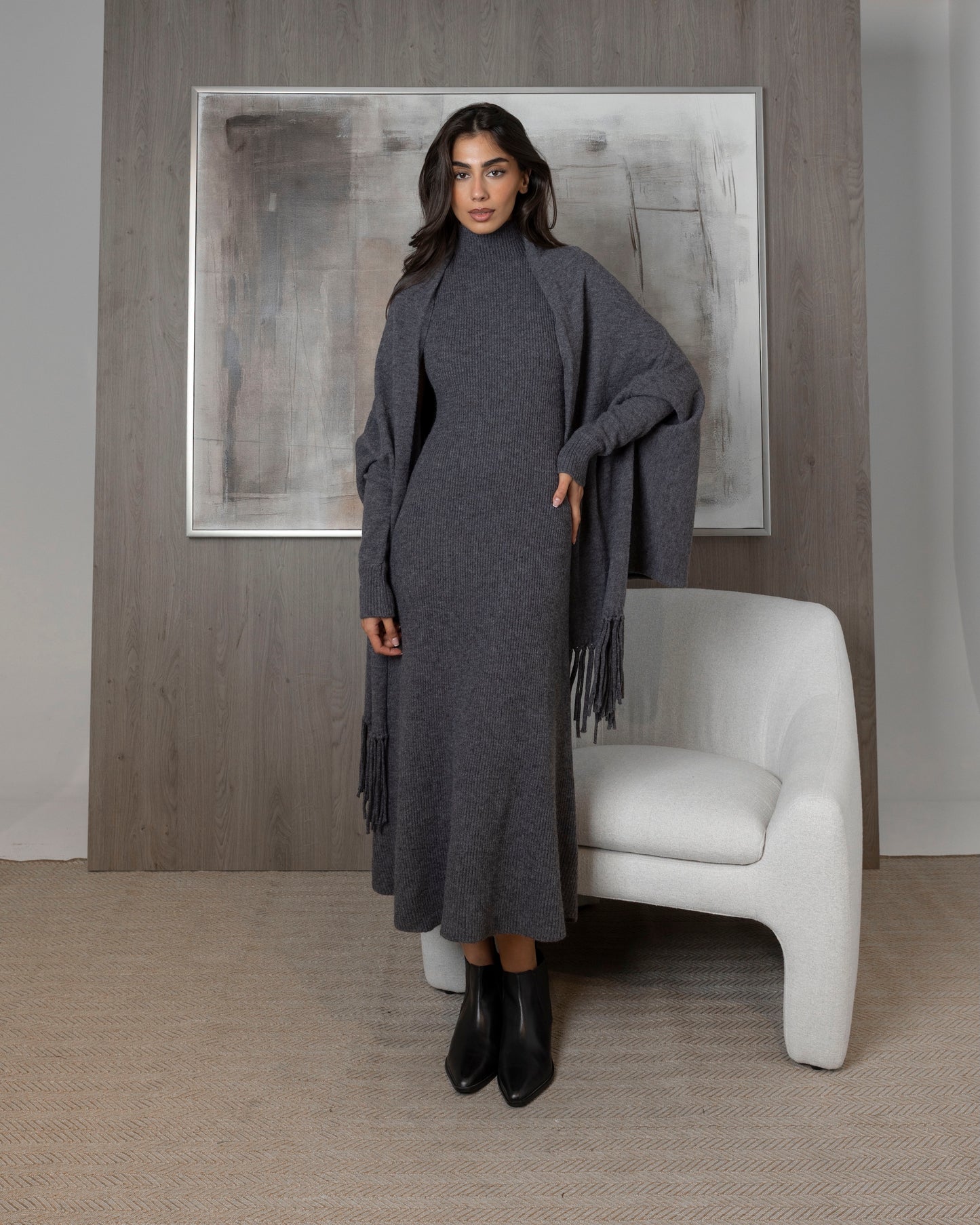 2 Piece Knit Set (Dress & Fringed Cardigan)