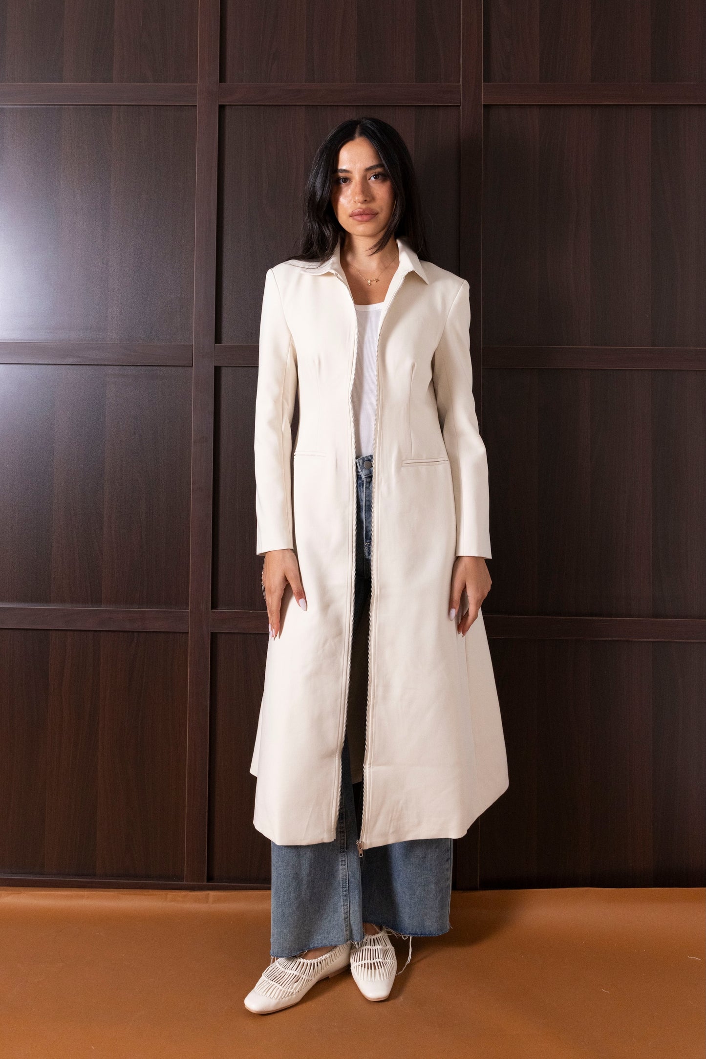 Long Structured Beige Collared Jacket