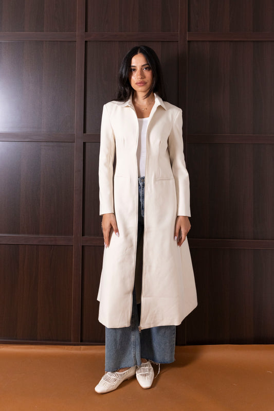 Long Structured Beige Collared Jacket