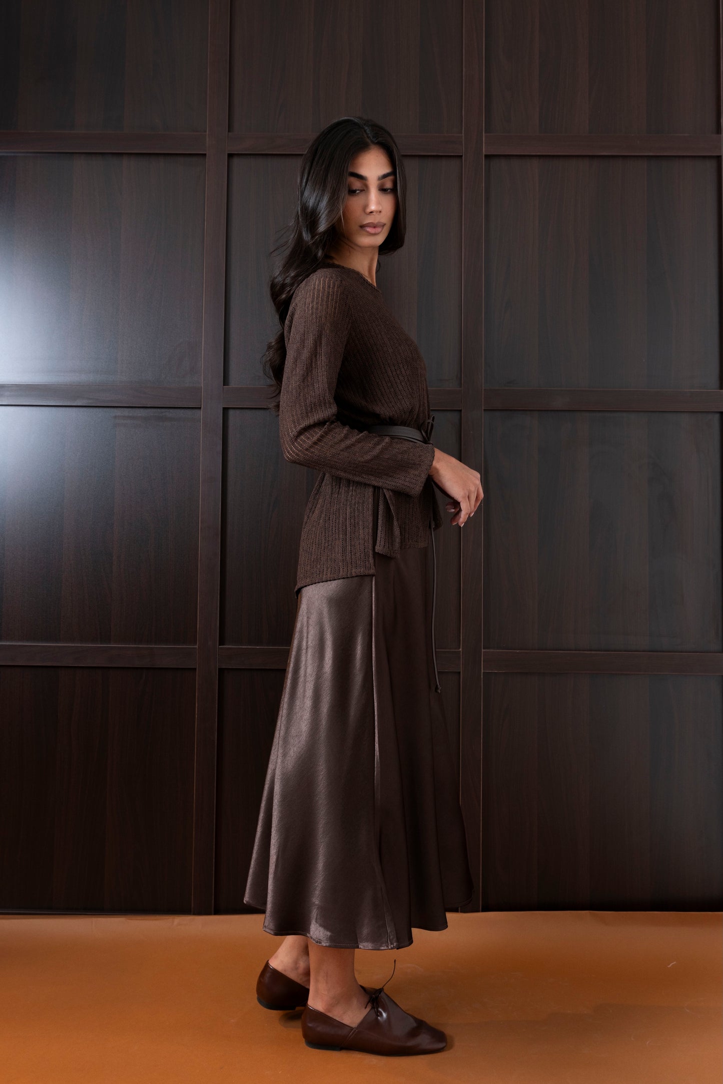 Brown Silk Dress with Top & Belt