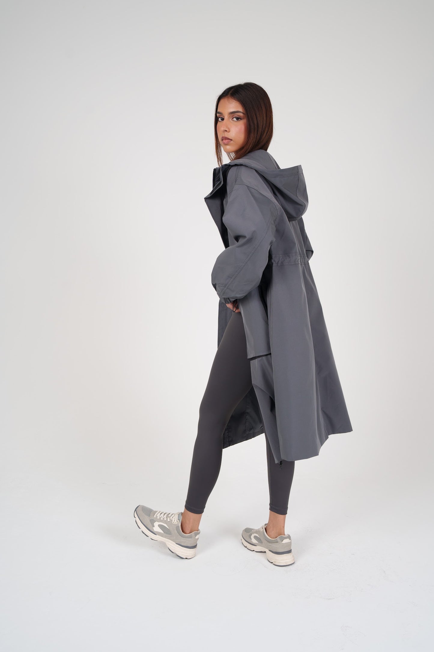 Long Grey Hooded Jacket with Pockets