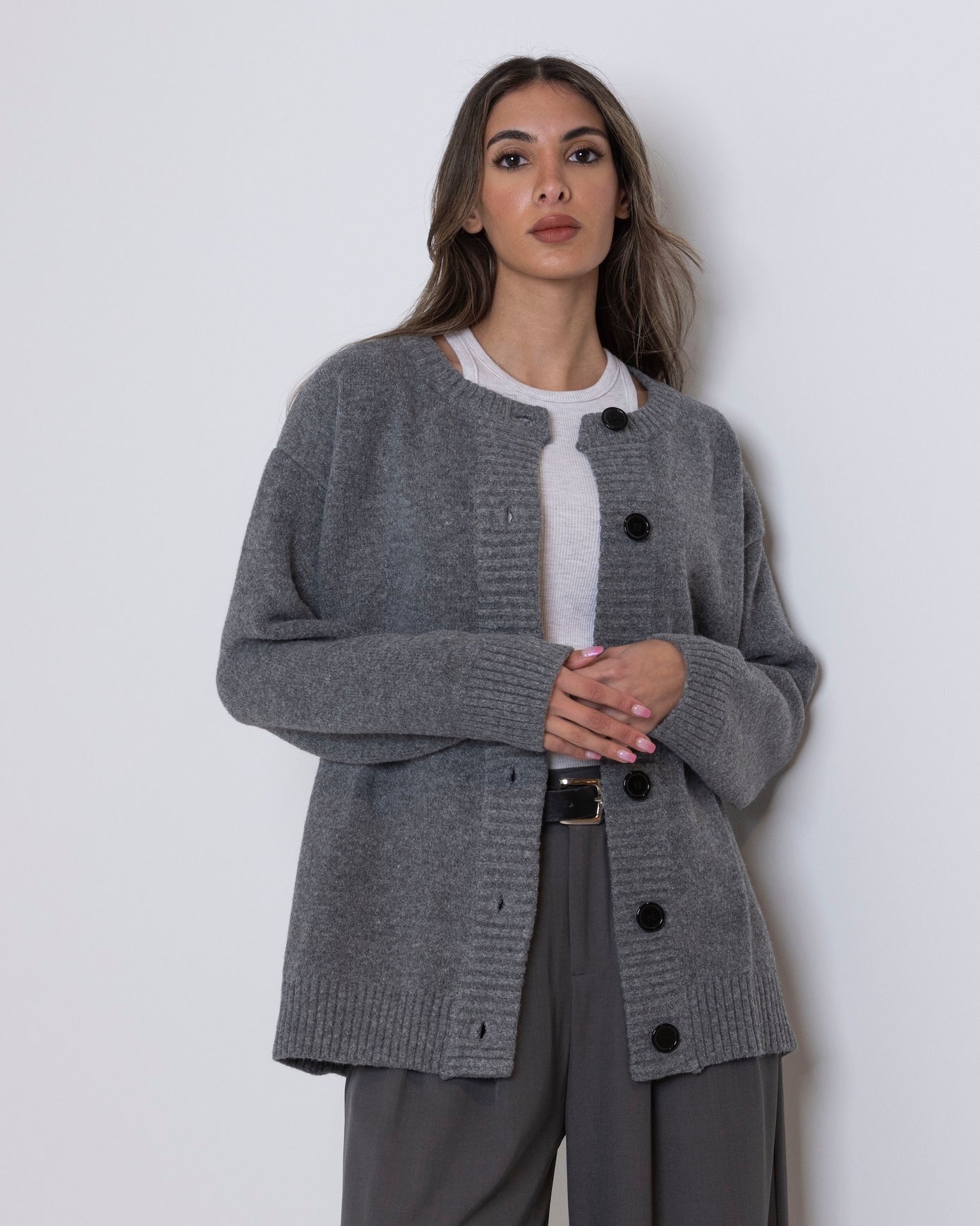 Grey Knit Jacket with Black Buttons