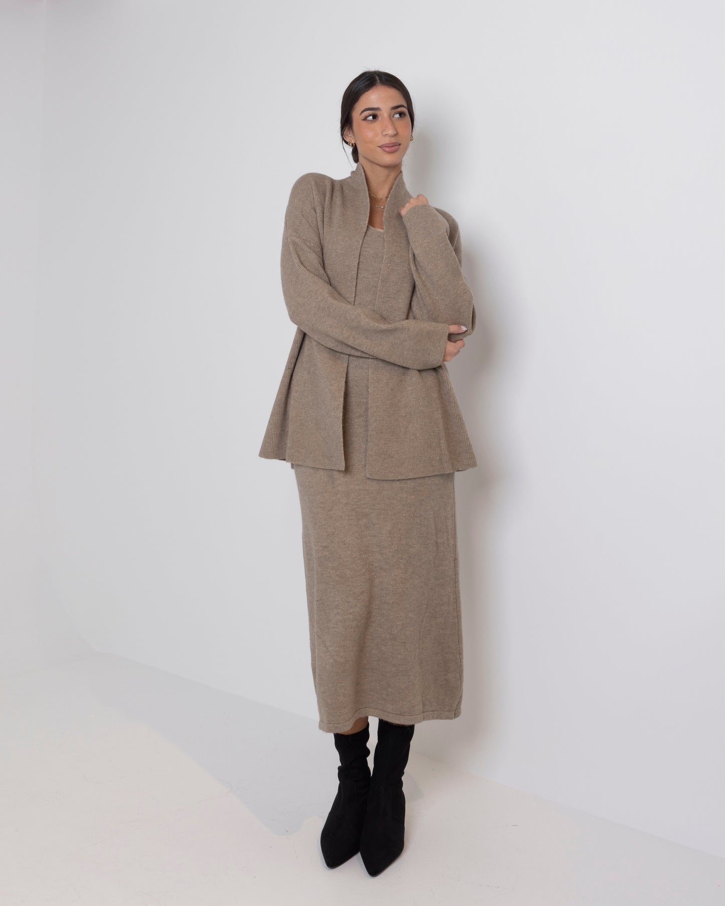 Beige Knitted Dress & Jacket Set