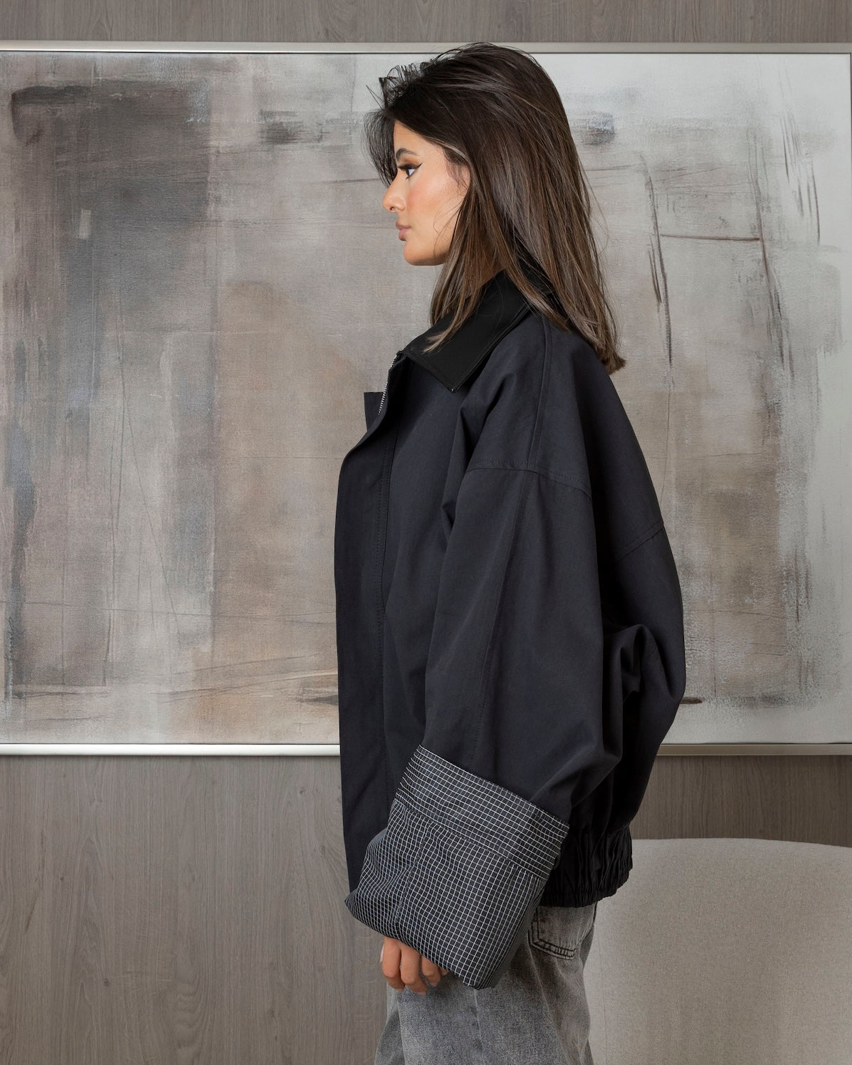 Black Bomber with Checked Fold