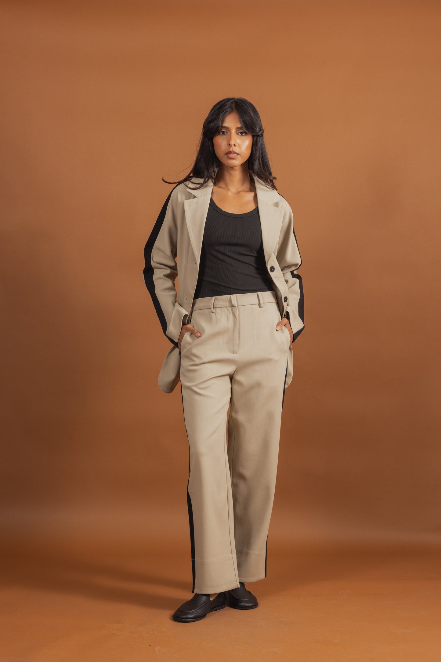 Beige Suit Set with Black Line Detail