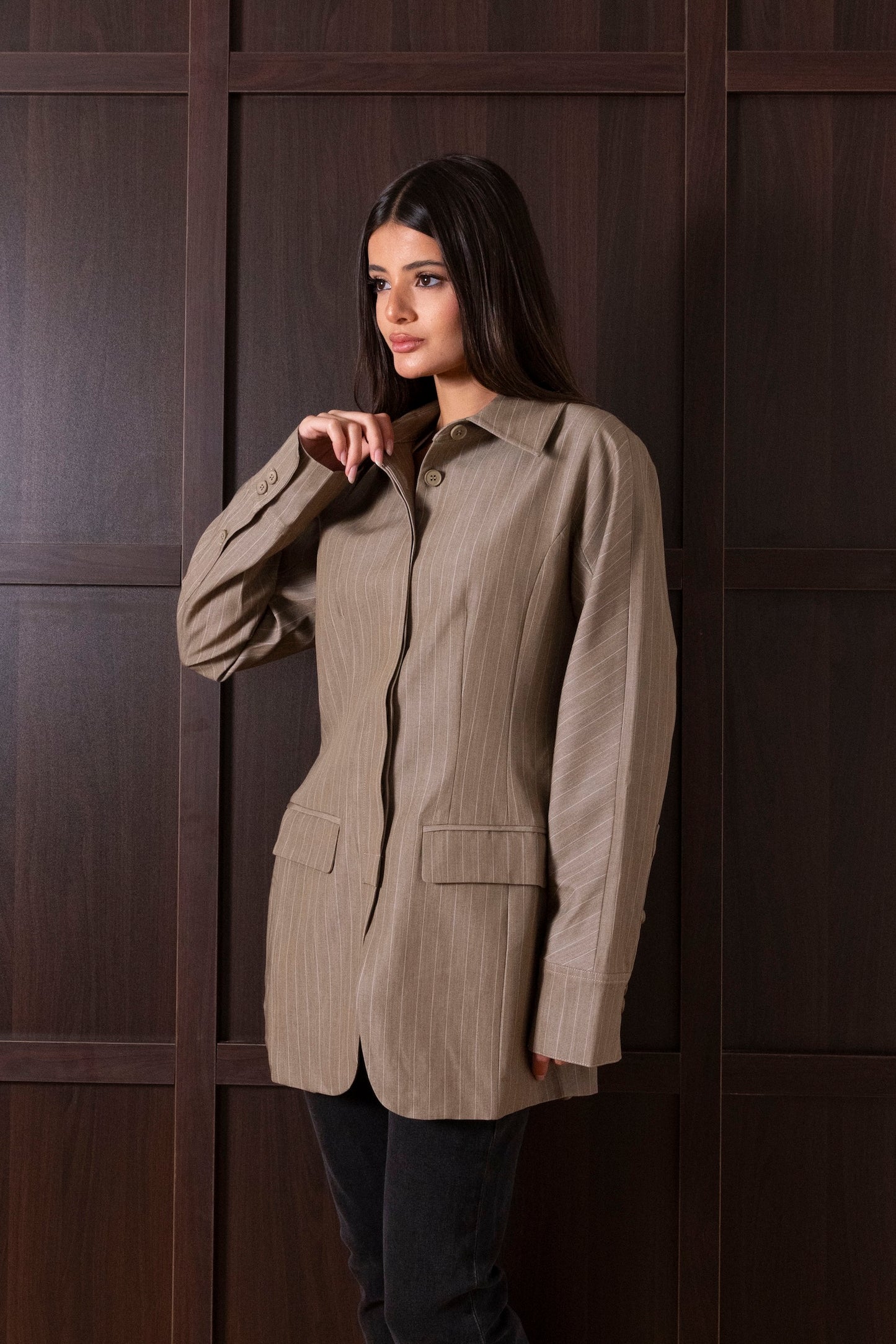 Collared Waisted Striped Jackets (Grey & Beige)