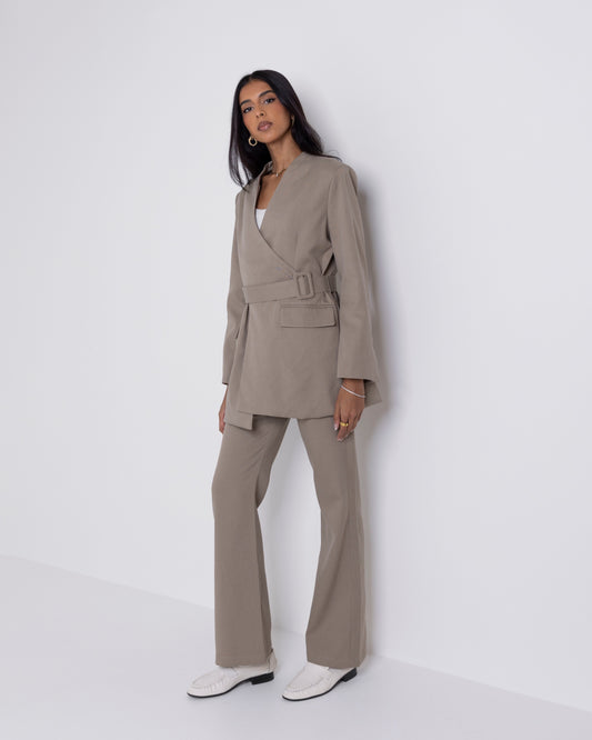 Taupe Belted Suit