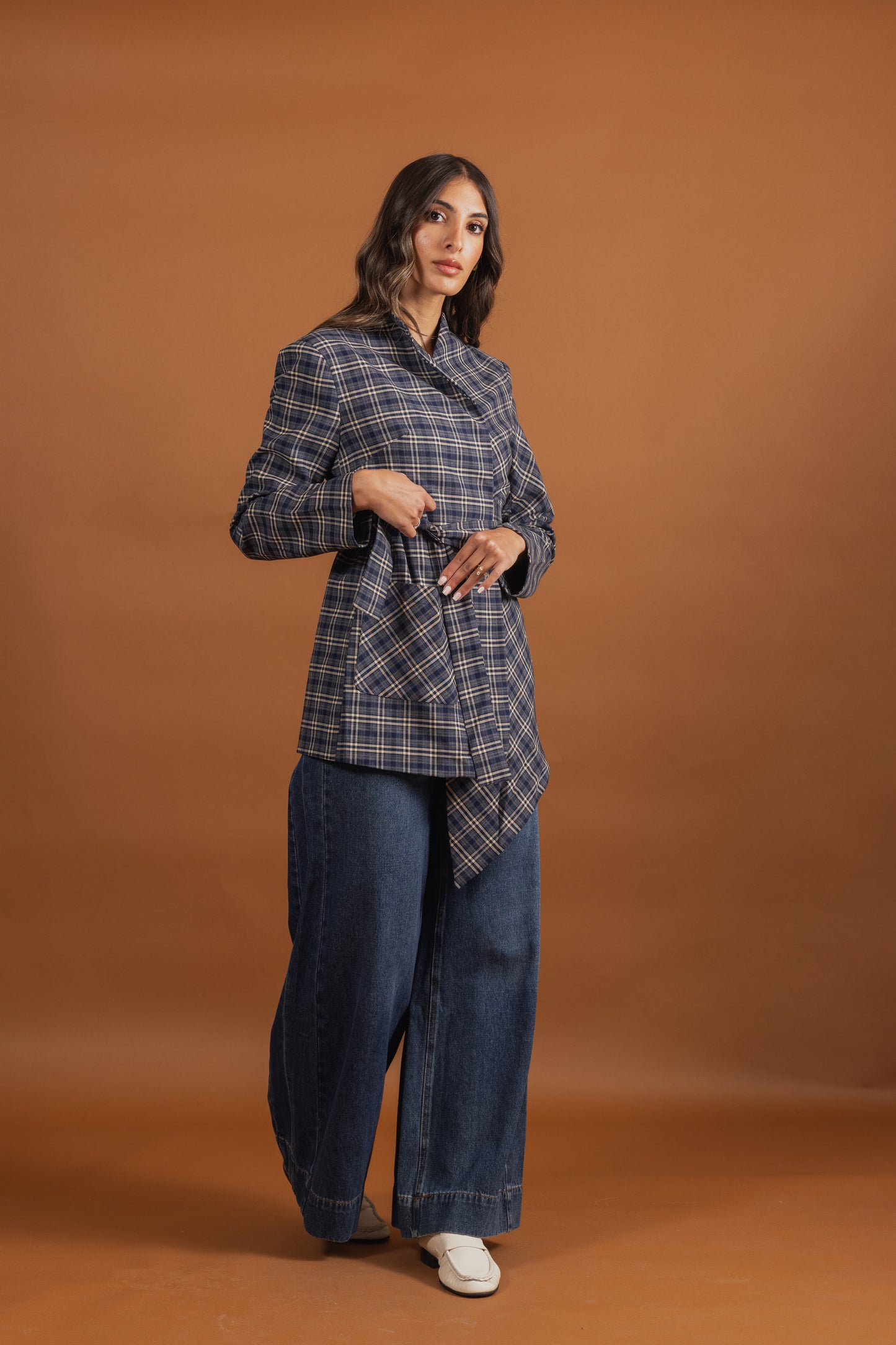 Checked Asymmetrical Wrap Belted Top