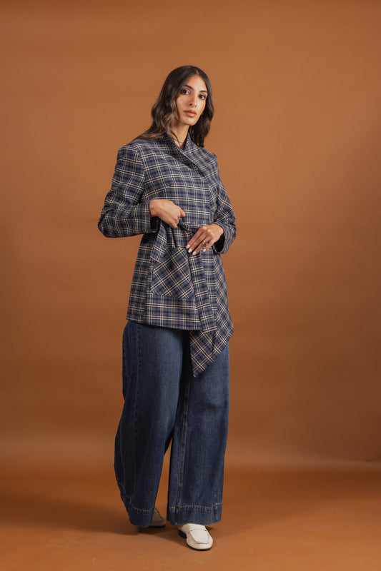Checked Asymmetrical Wrap Belted Top