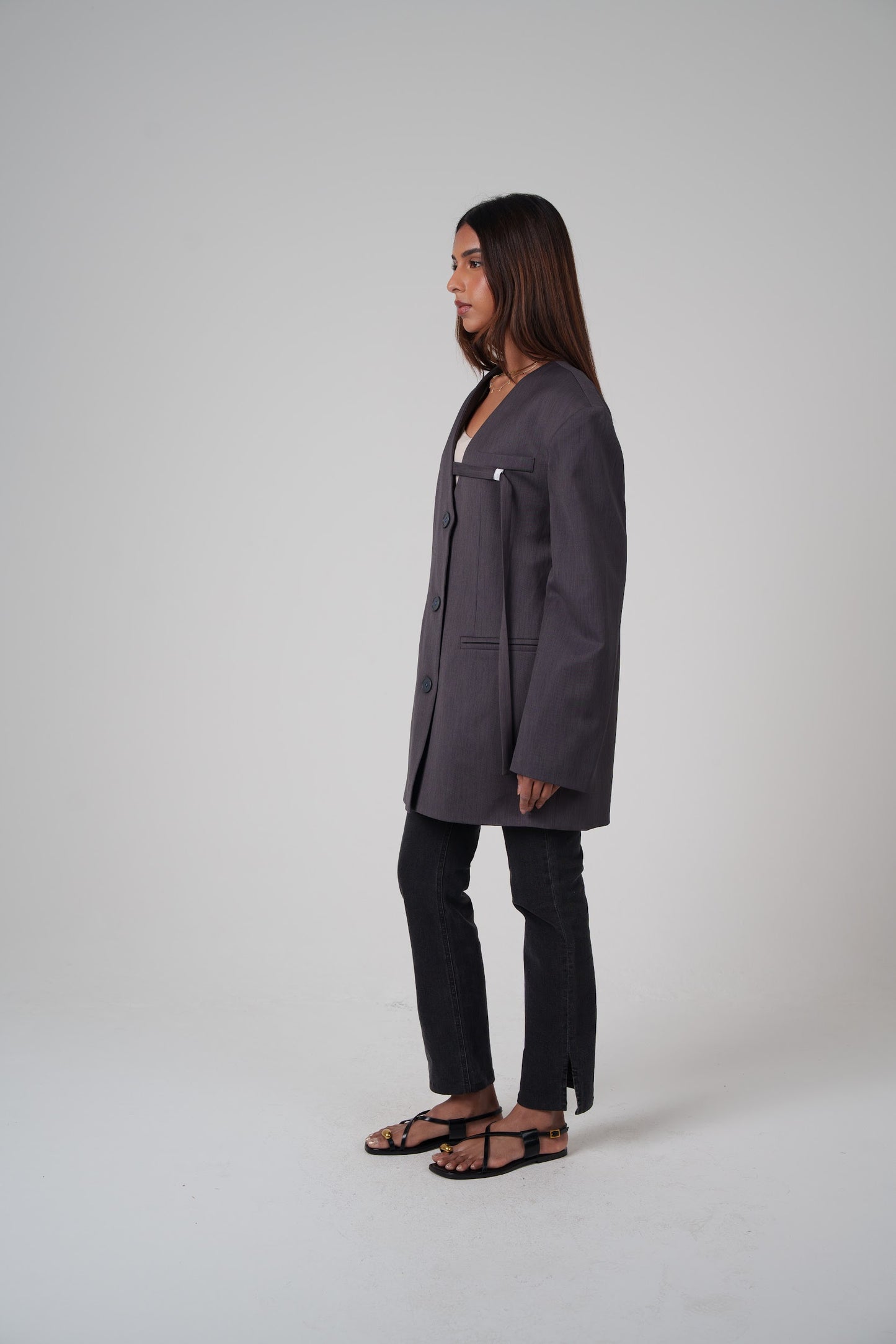 Grey Non-Collared Modern Blazer with Rope
