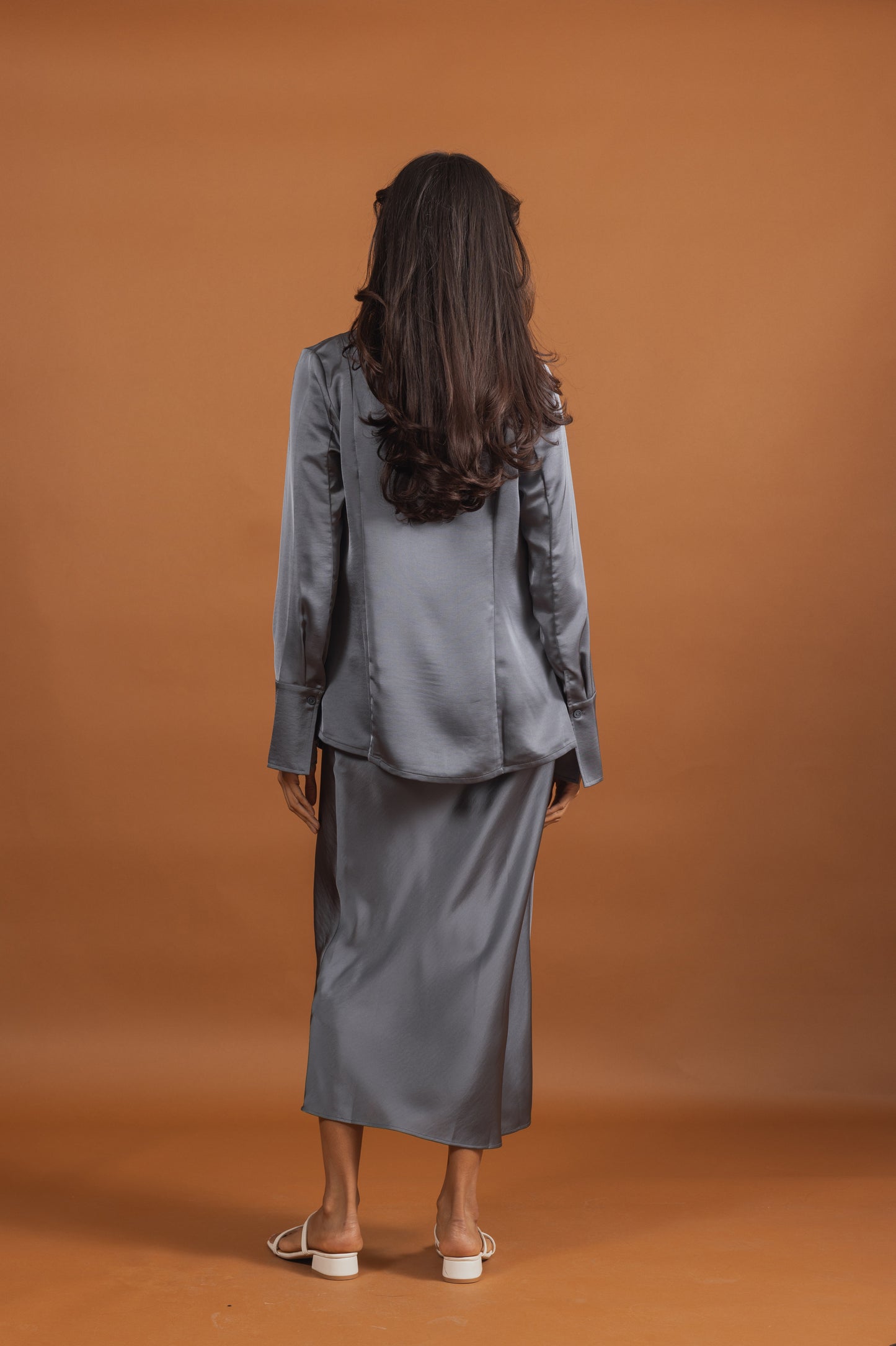 Silk Skirt & Shirt Set in Dusty Blue