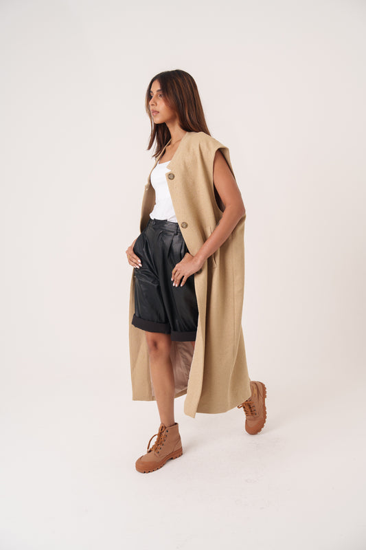 Beige Wool Oversized Long Vest