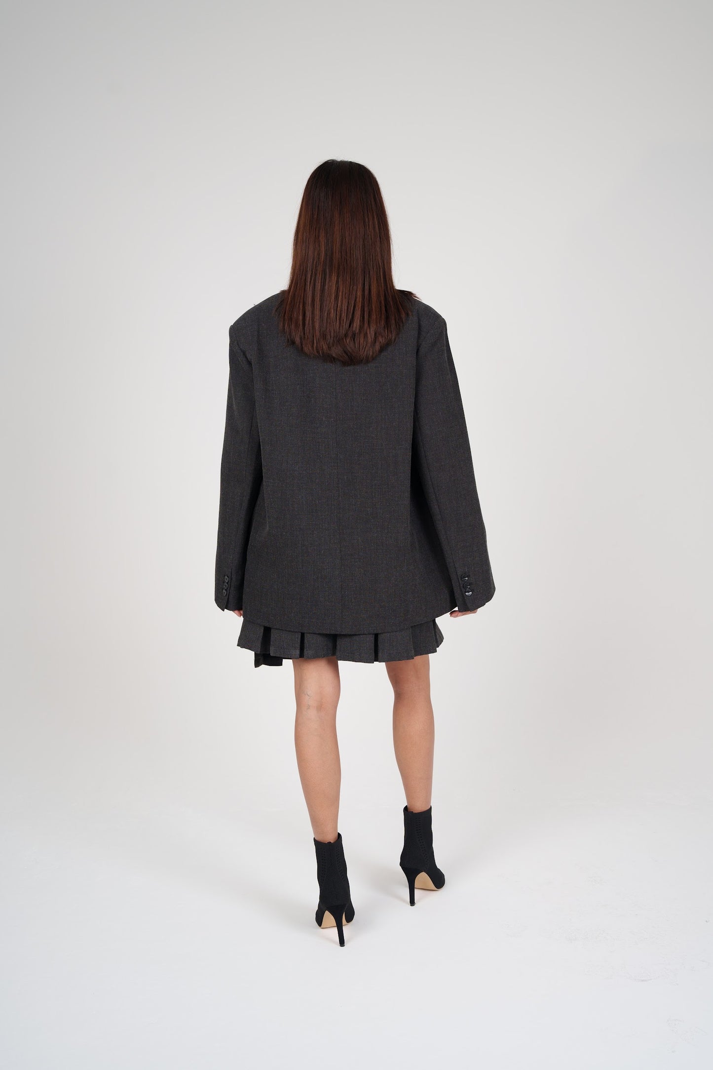 Dark Grey Pleated Skirt & Blazer Set