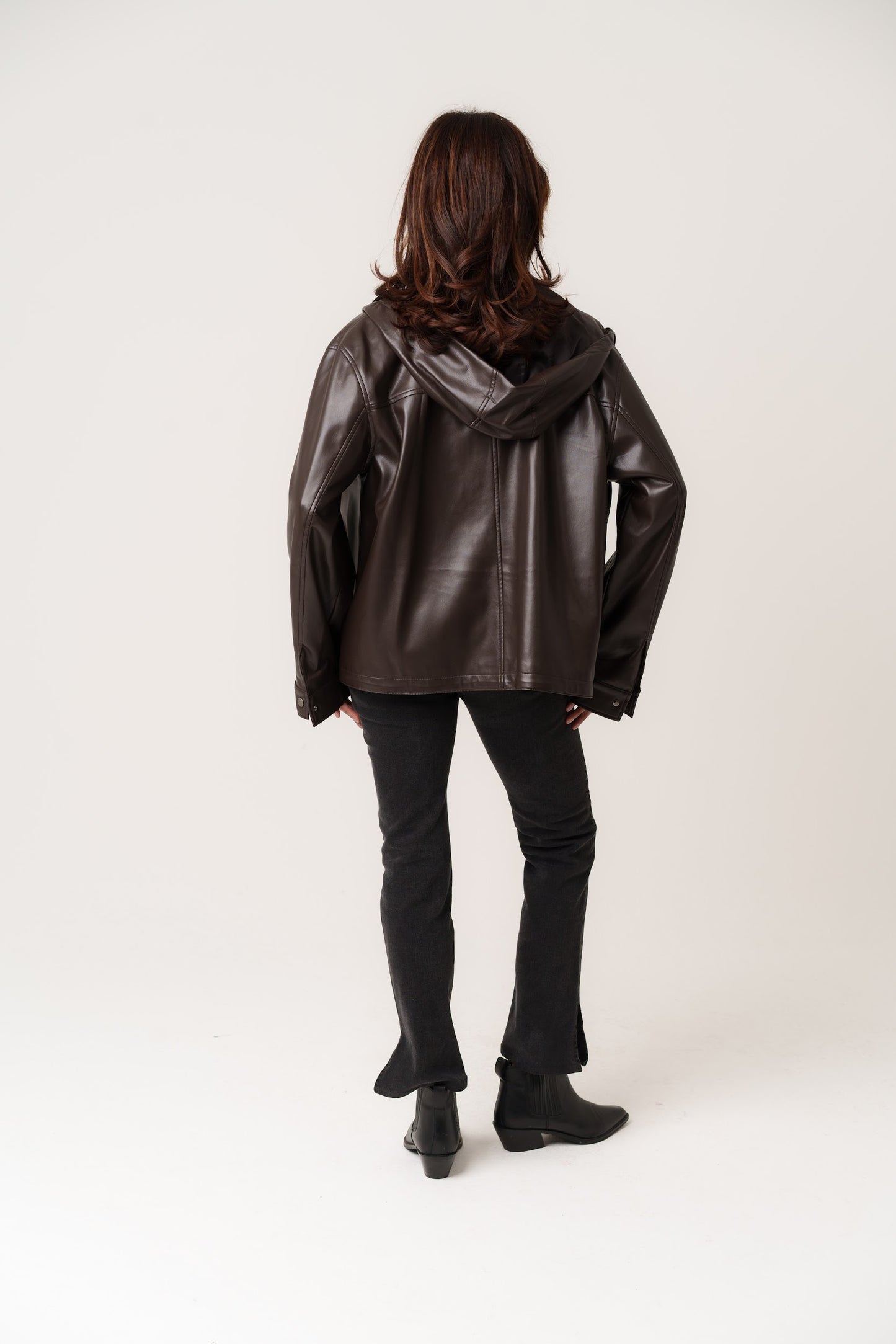 Coffee Leather Hooded Jacket