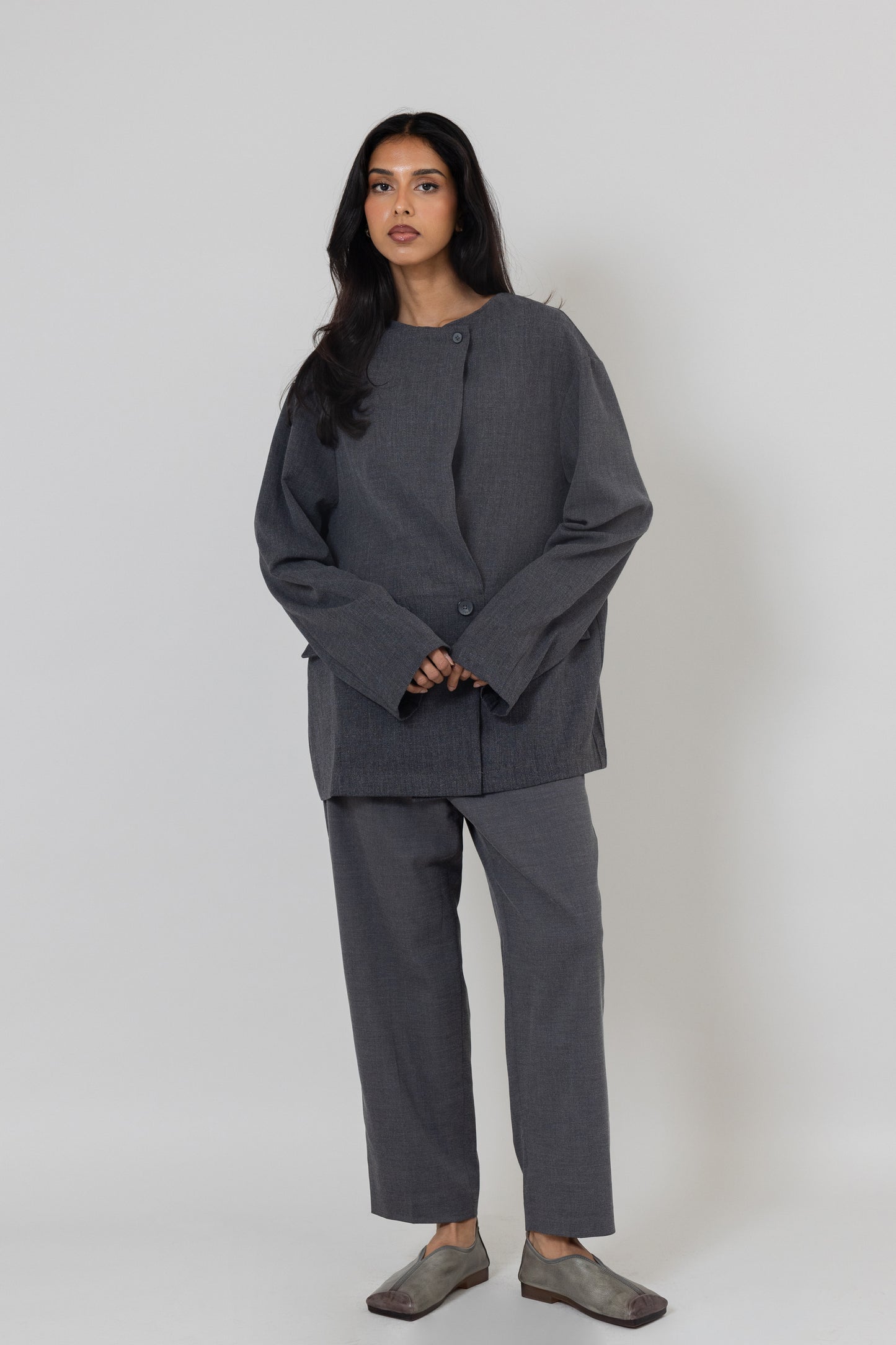 Grey Non-collared Wrap Blazer Top