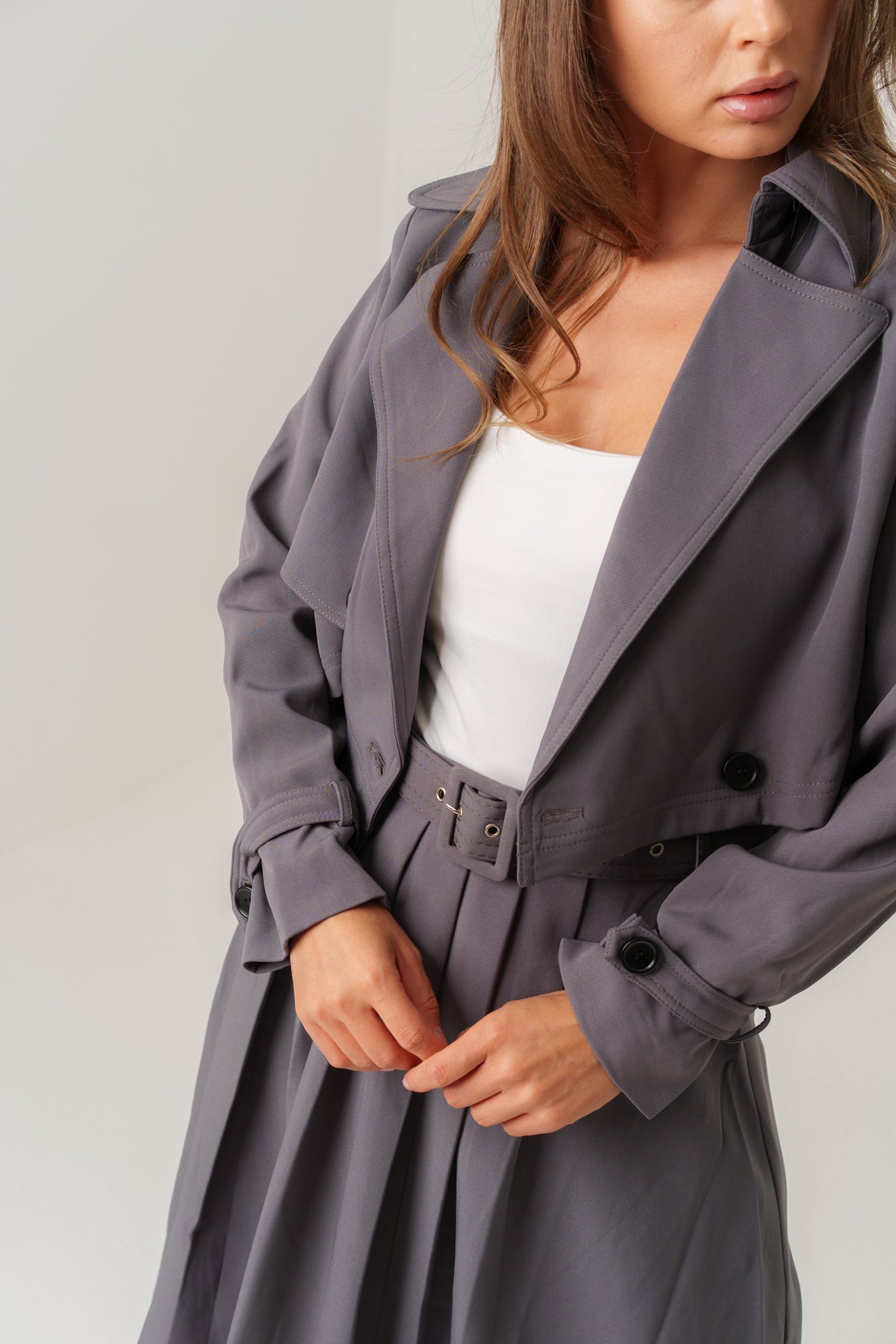 Grey Blazer Set with Pleat Skirt