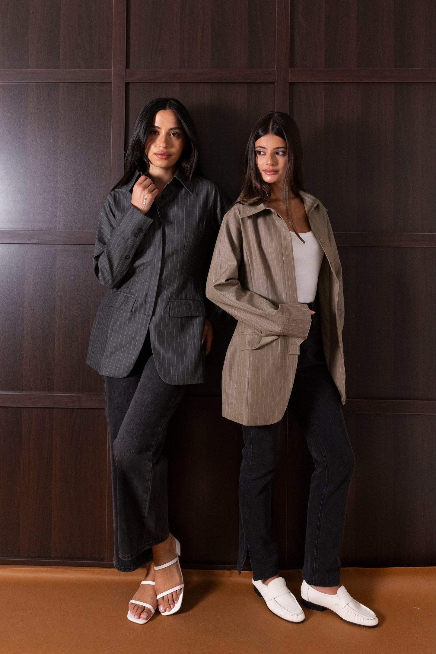 Collared Waisted Striped Jackets (Grey & Beige)