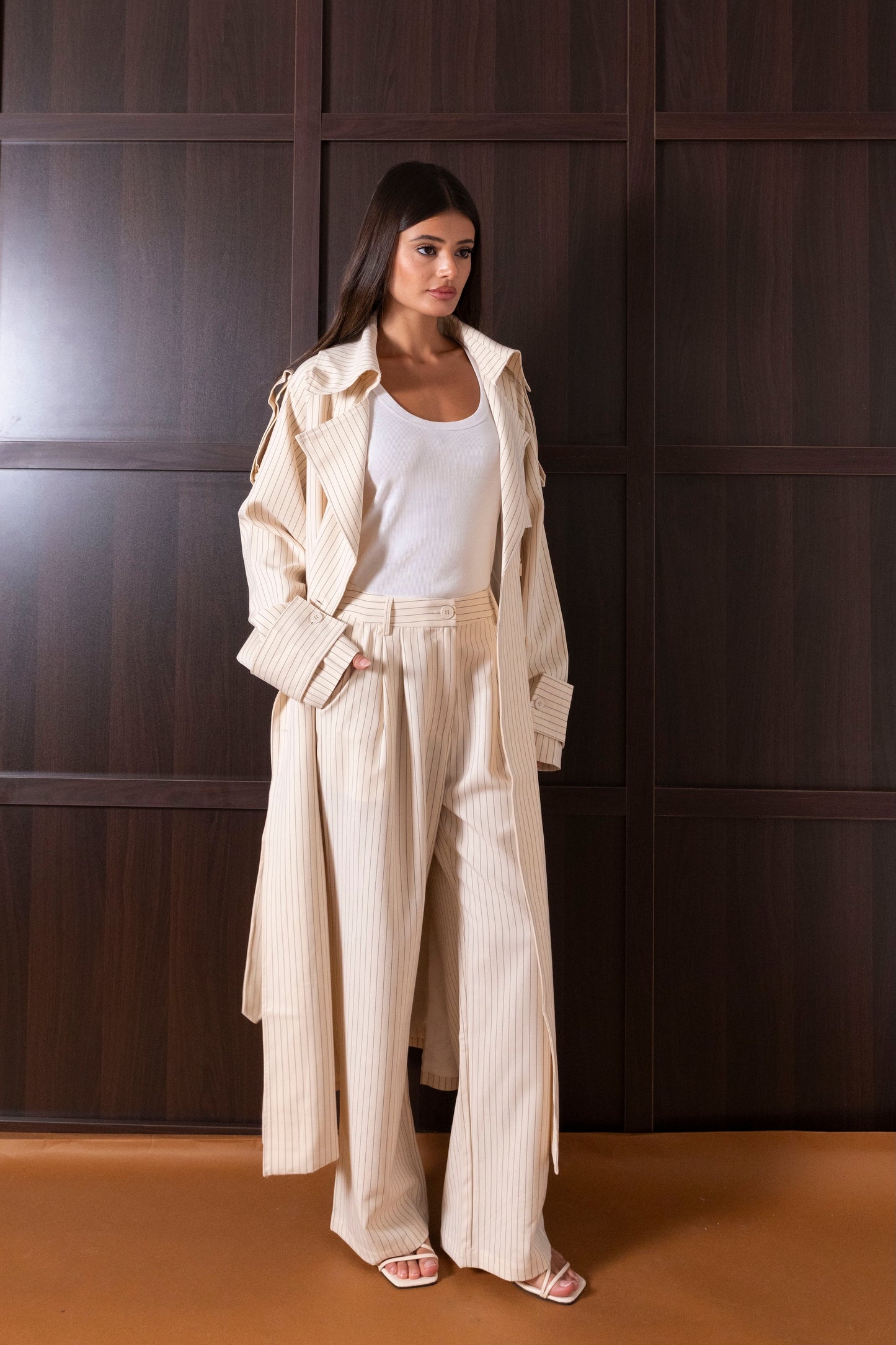 Creme Striped Trench Set
