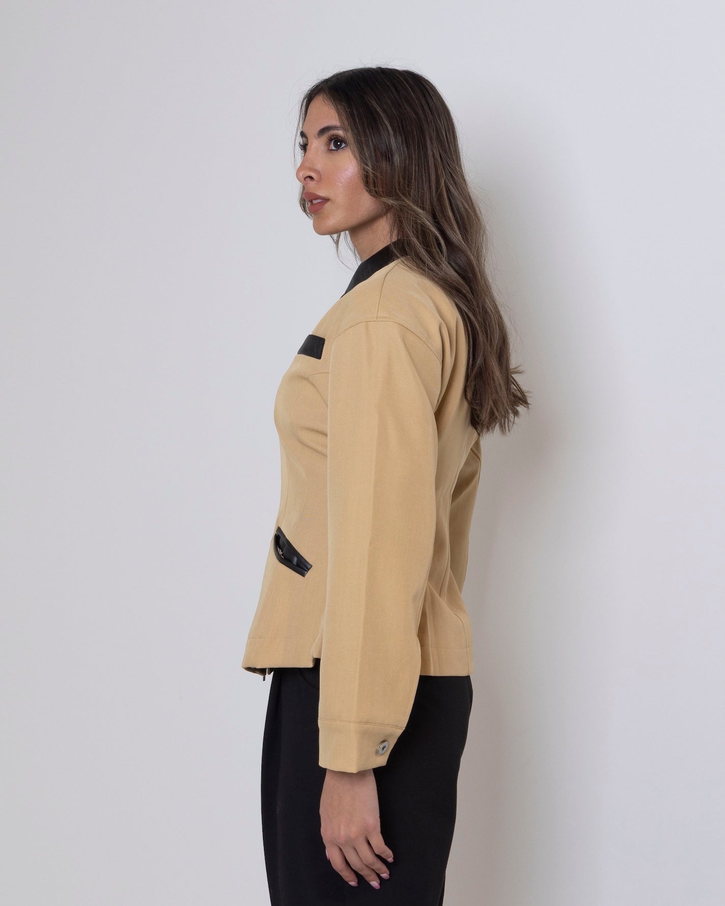 Beige/Yellow Waisted Jacket with Leather Collar