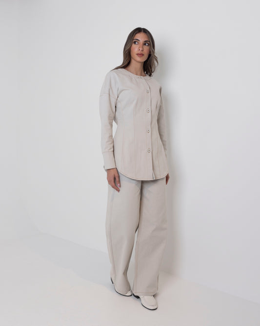 Beige Denim Waisted Set with Contrast Stitching