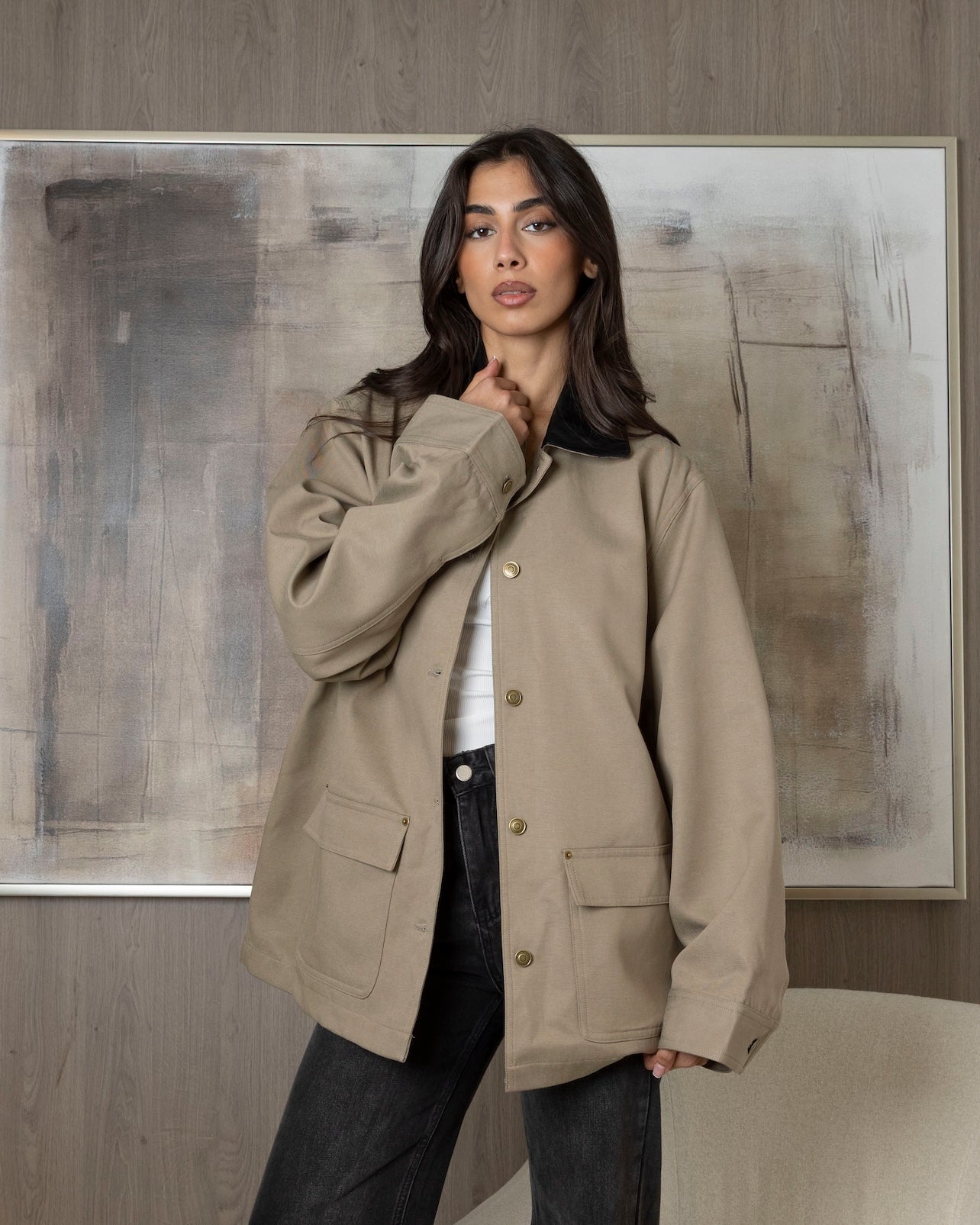 Beige Jacket with Leather Collar