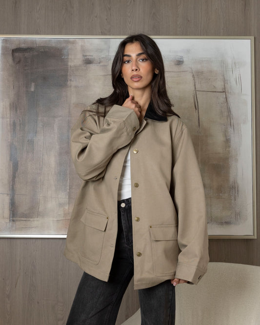 Beige Jacket with Leather Collar