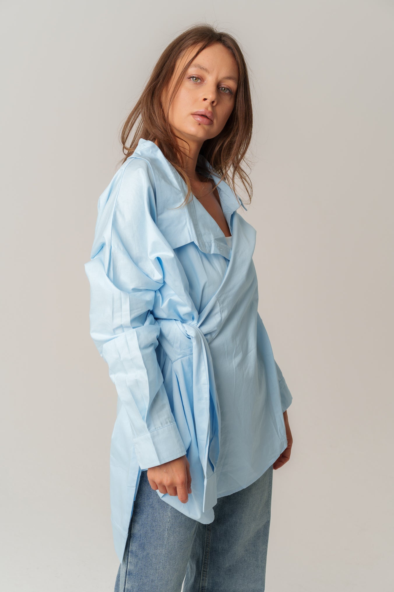 Blue Shirt with Sleeve Wrap