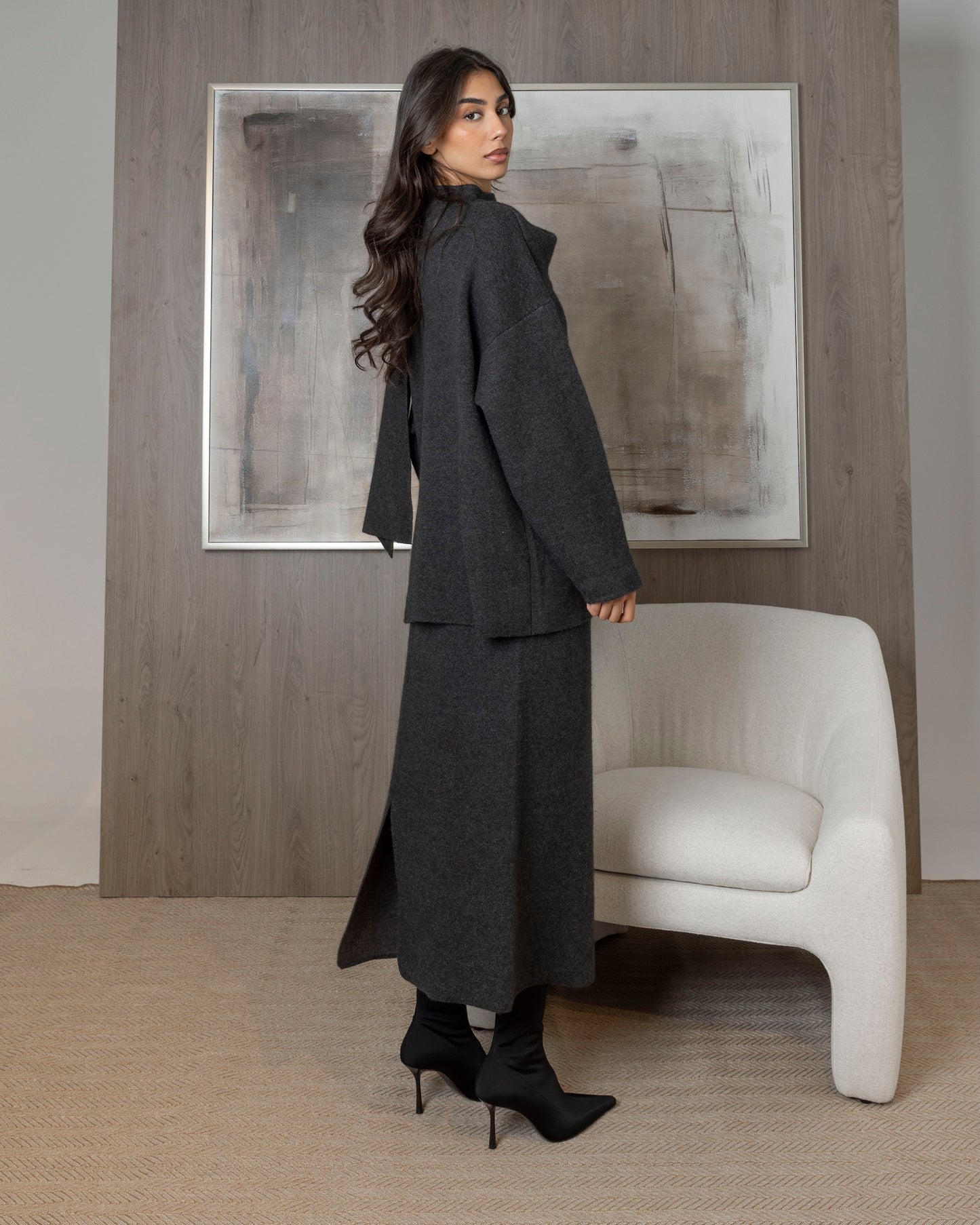 Knit Set Skirt & Cardigan with Scarf Attached